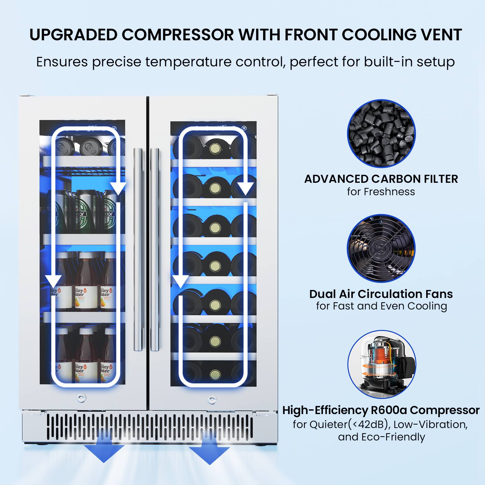 UPGRADED COMPRESSOR WITH FRONT COOLING VENT  
Ensures precise temperature control, perfect for built-in setup  

ADVANCED CARBON FILTER  
for Freshness  

Dual Air Circulation Fans  
for Fast and Even Cooling  

High-Efficiency R600a Compressor  
for Quieter (<42dB), Low-Vibration, and Eco-Friendly
