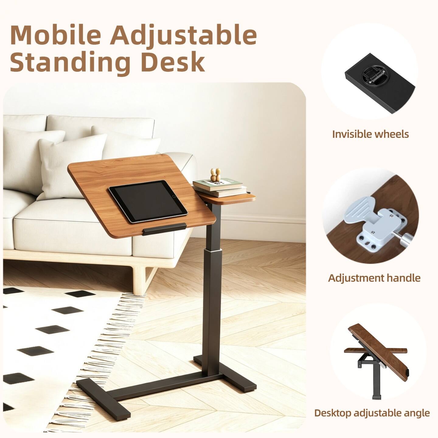 Mobile Adjustable Standing Desk

- Invisible wheels
- Adjustment handle
- Desktop adjustable angle