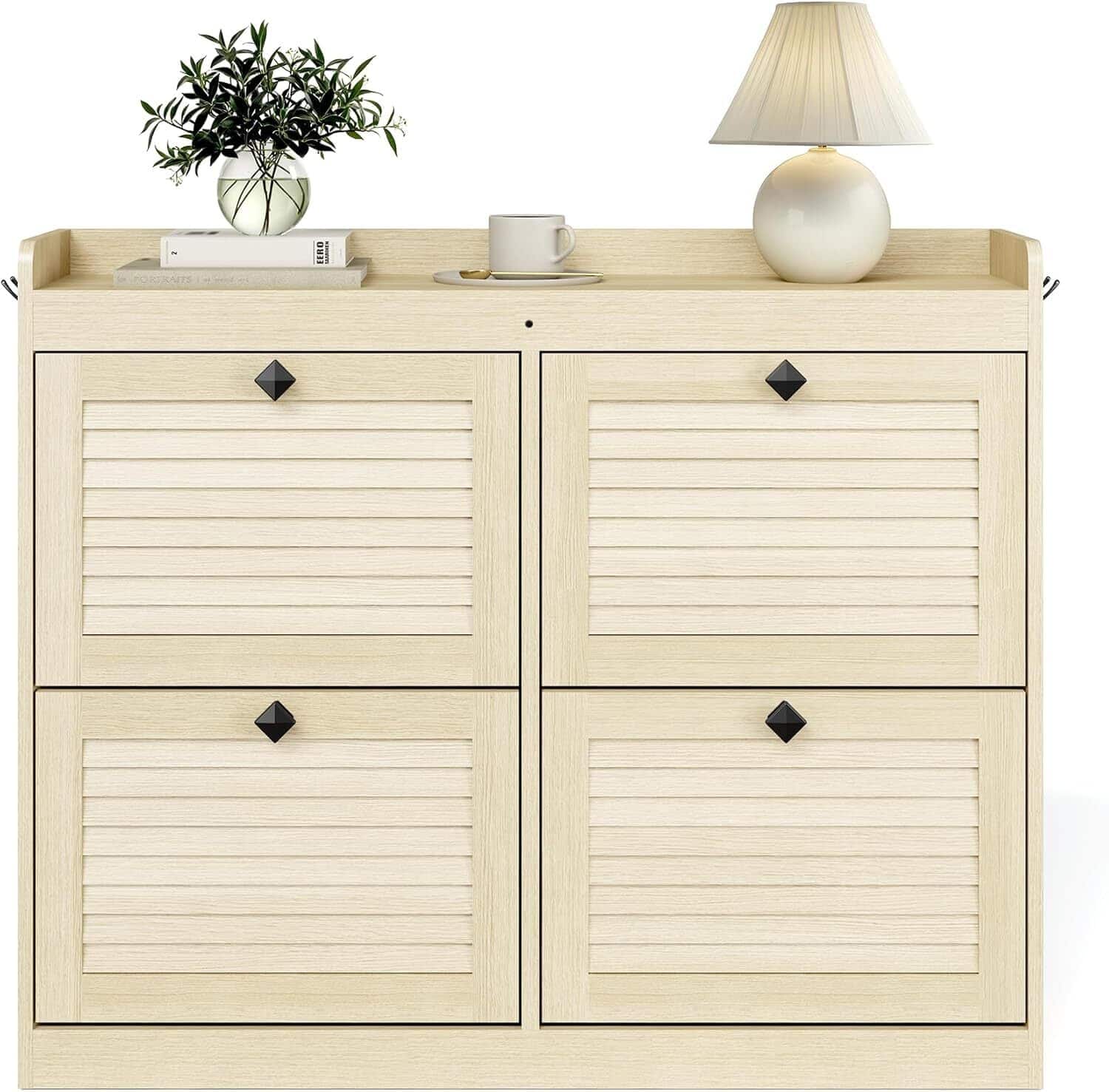 Acekool - Large Rattan Shoe Storage Cabinet with 4 Flip Drawers, Freestanding Shoe Organizer - Yellow