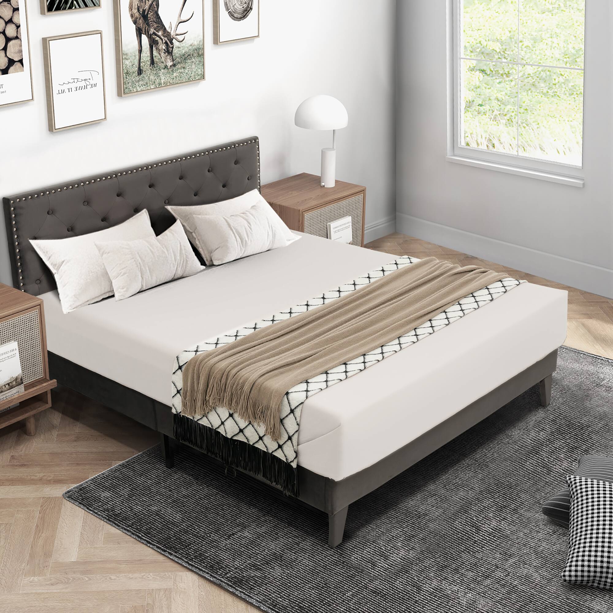 Alt View 3. Costway - Costway Queen Bed Frame Upholstered Platform Bed with Tufted Headboard Mattress Foundation - Grey.