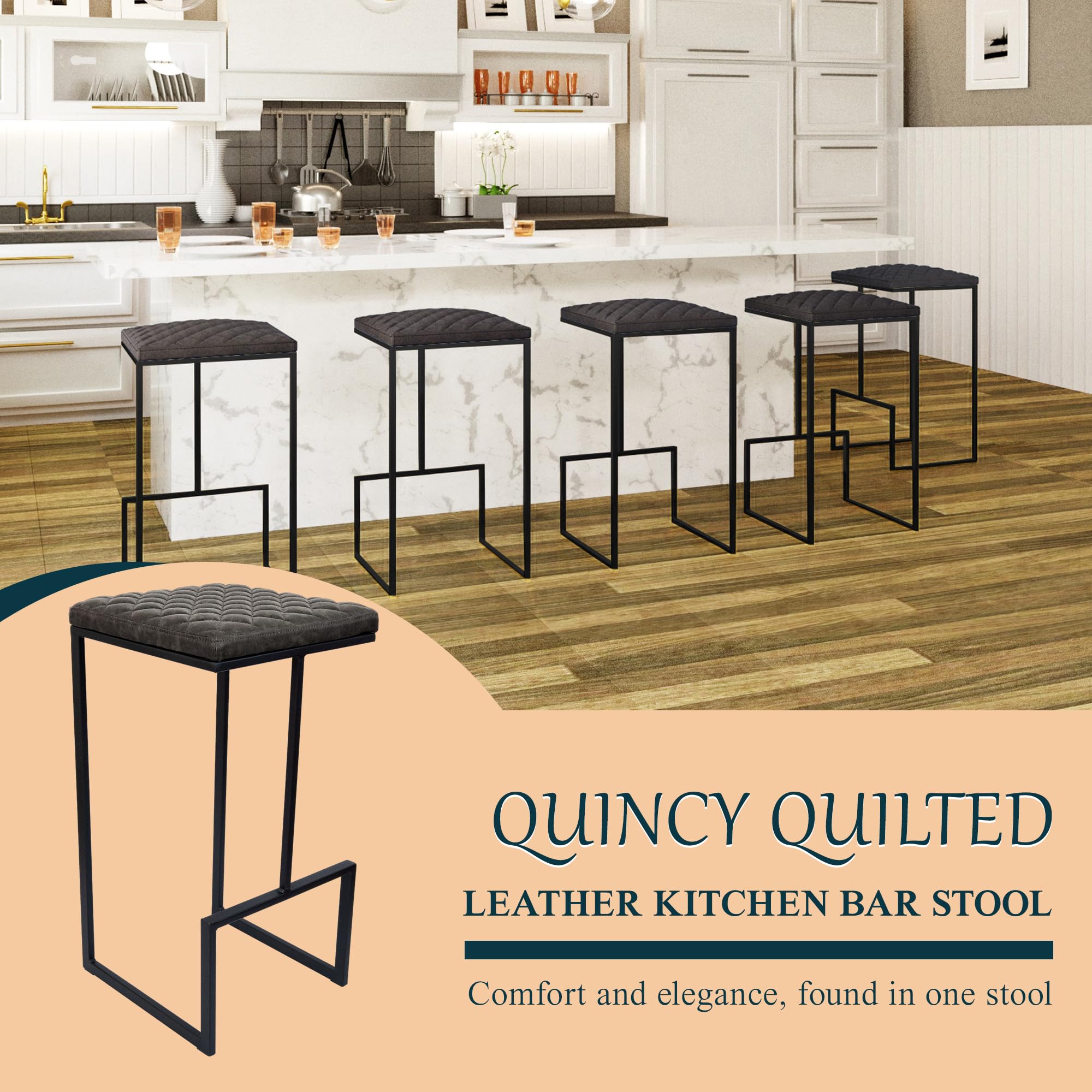 QUINCY QUILTED  
LEATHER KITCHEN BAR STOOL  
Comfort and elegance, found in one stool