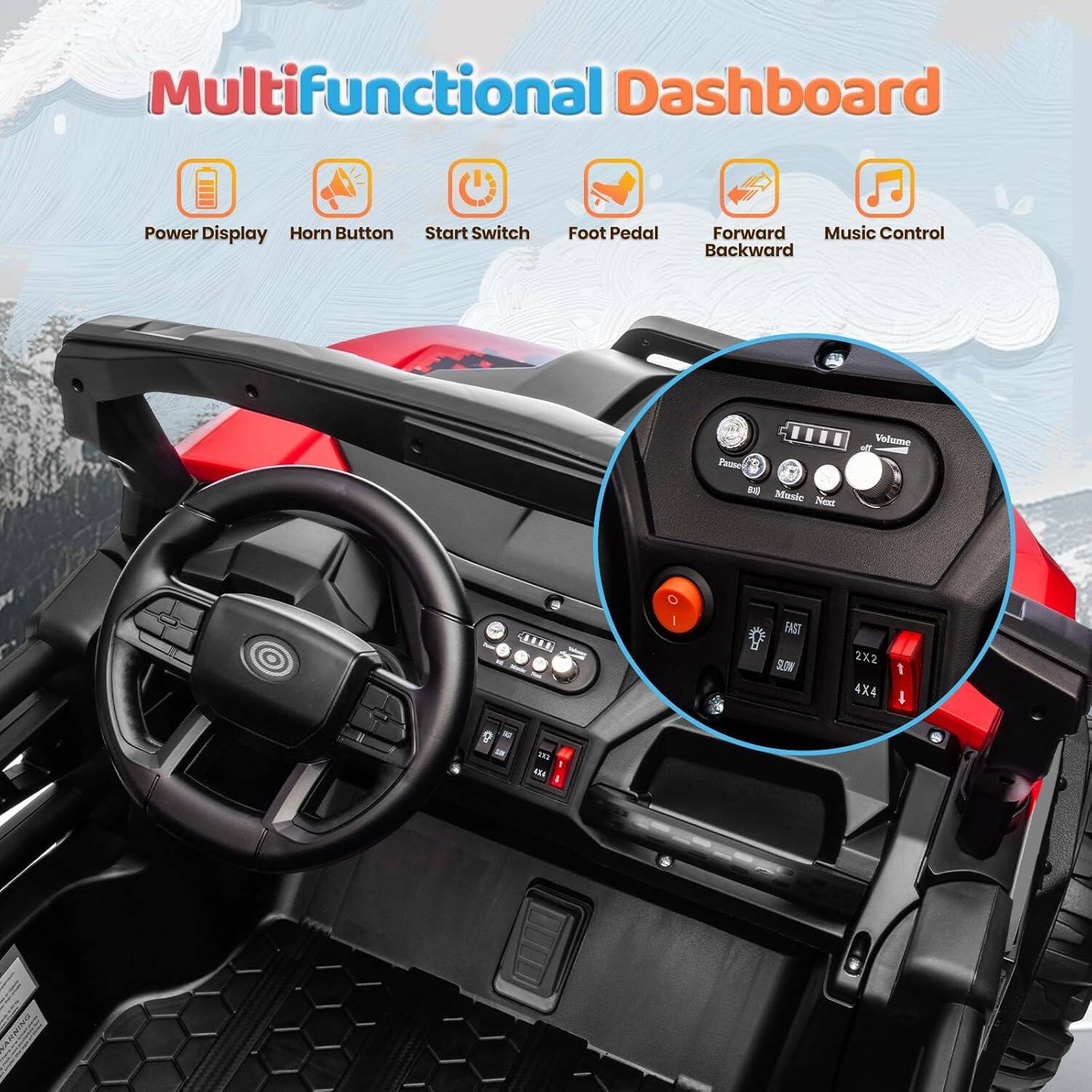 Multifunctional Dashboard  
- Power Display  
- Horn Button  
- Start Switch  
- Foot Pedal  
- Forward Backward  
- Music Control  

Volume  
Pause  
Next  
Music  
Fast  
Slow  
2x2  
4x4