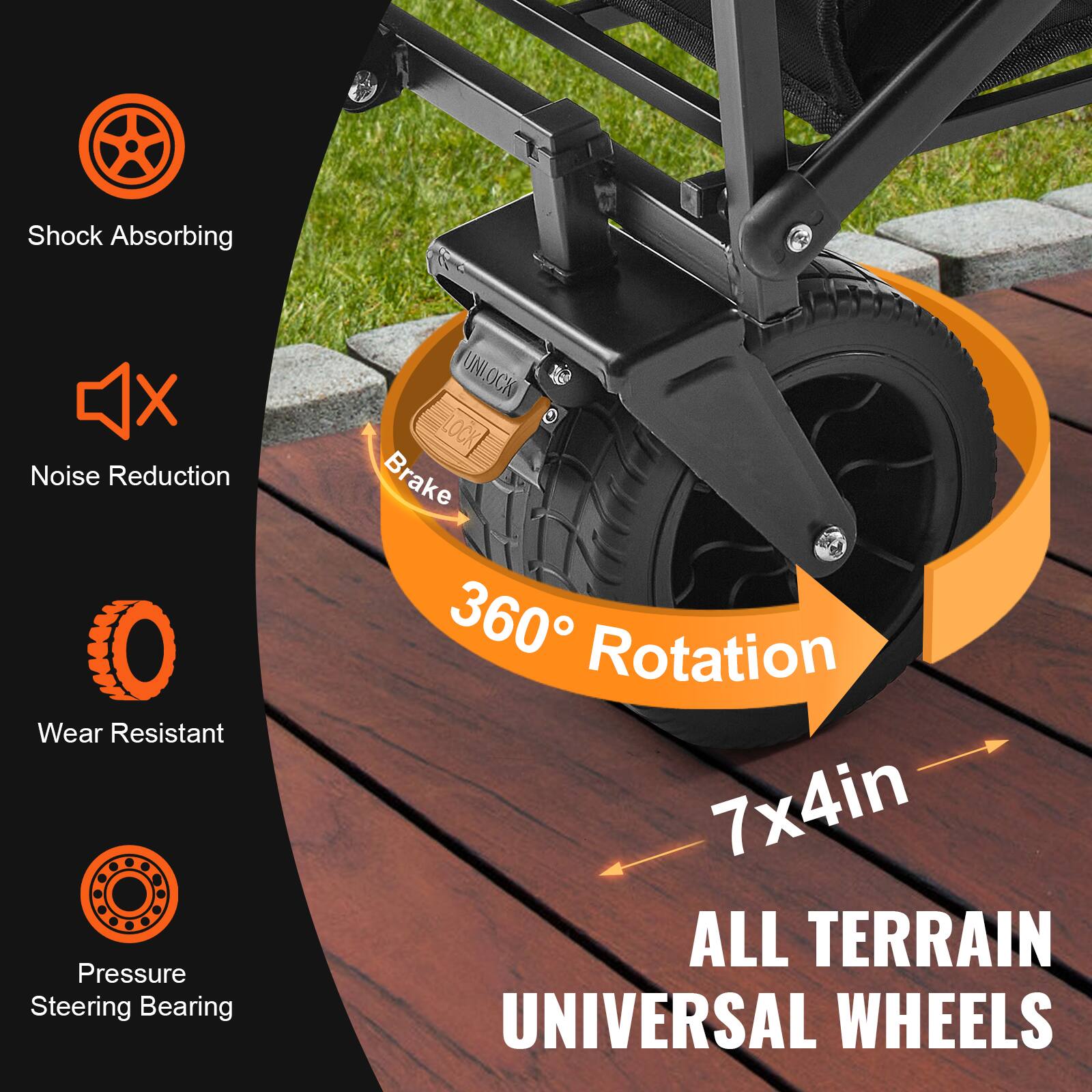 Shock Absorbing, Noise Reduction, Wear Resistant, Pressure Steering Bearing, UNLOCK, LOCK, Brake, 360 Rotation, 7x4in, ALL TERRAIN UNIVERSAL WHEELS