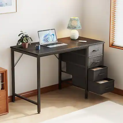 Front. AODK - 40" Small Computer Desk with 4 Fabric Drawers, Modern Writing Desk with Storage for Home Office, Bedroom & Small Spaces - Black.