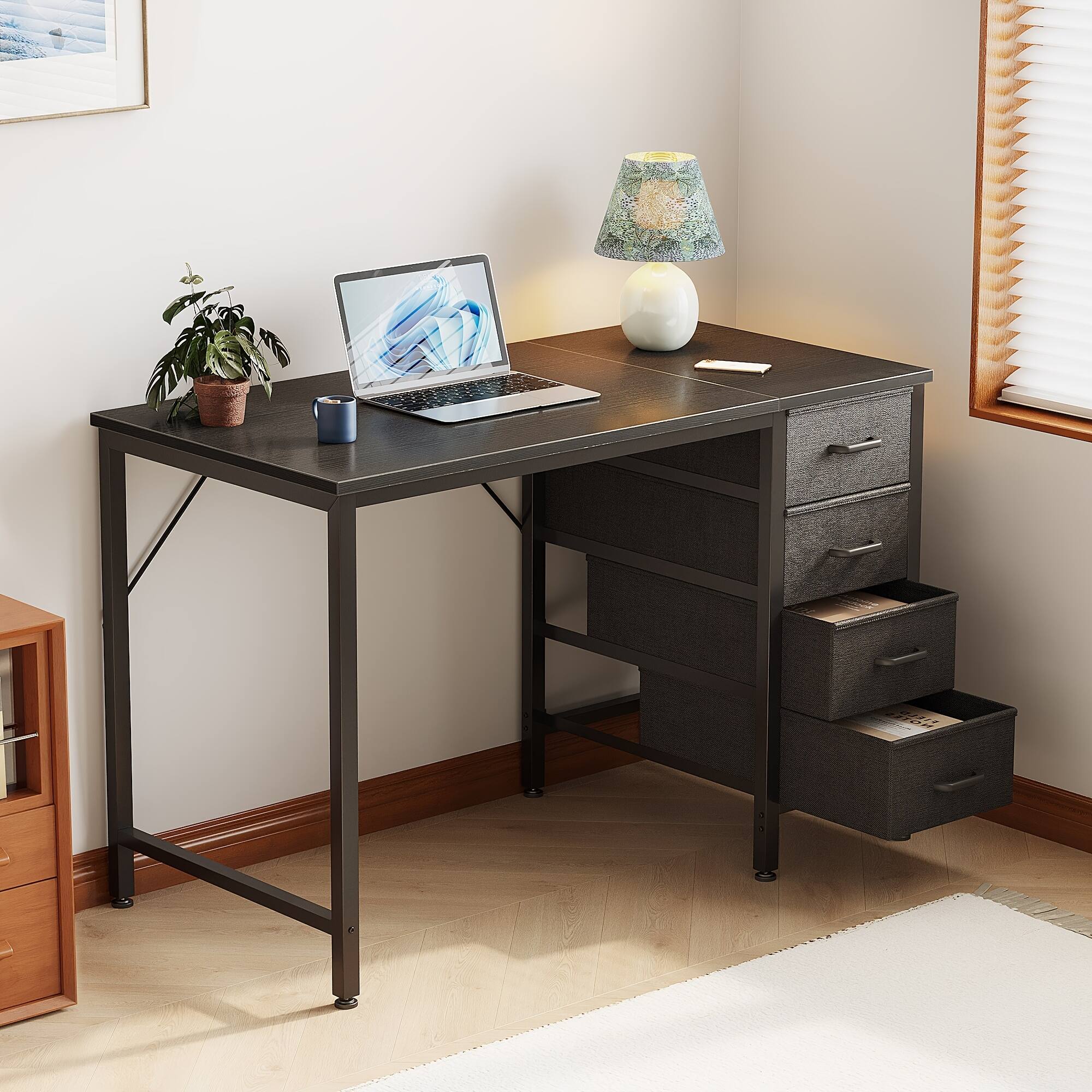 Front. AODK - 40" Small Computer Desk with 4 Fabric Drawers, Modern Writing Desk with Storage for Home Office, Bedroom & Small Spaces - Black.