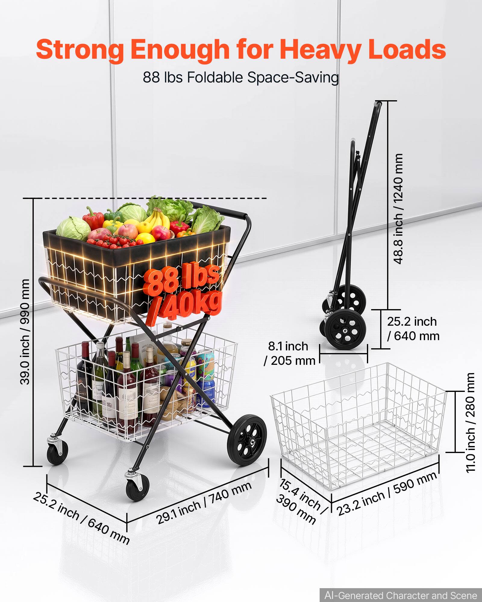 Strong Enough for Heavy Loads  
88 lbs Foldable Space-Saving  

88 lbs / 40 kg  

39.0 inch / 990 mm  
48.8 mm  
25.2 inch / 640 mm  
8.1 inch / 205 mm  
11.0 inch / 280 mm  
29.1 inch / 740 mm  
15.4 inch / 390 mm  
23.2 inch / 590 mm  

AI-Generated Character and Scene