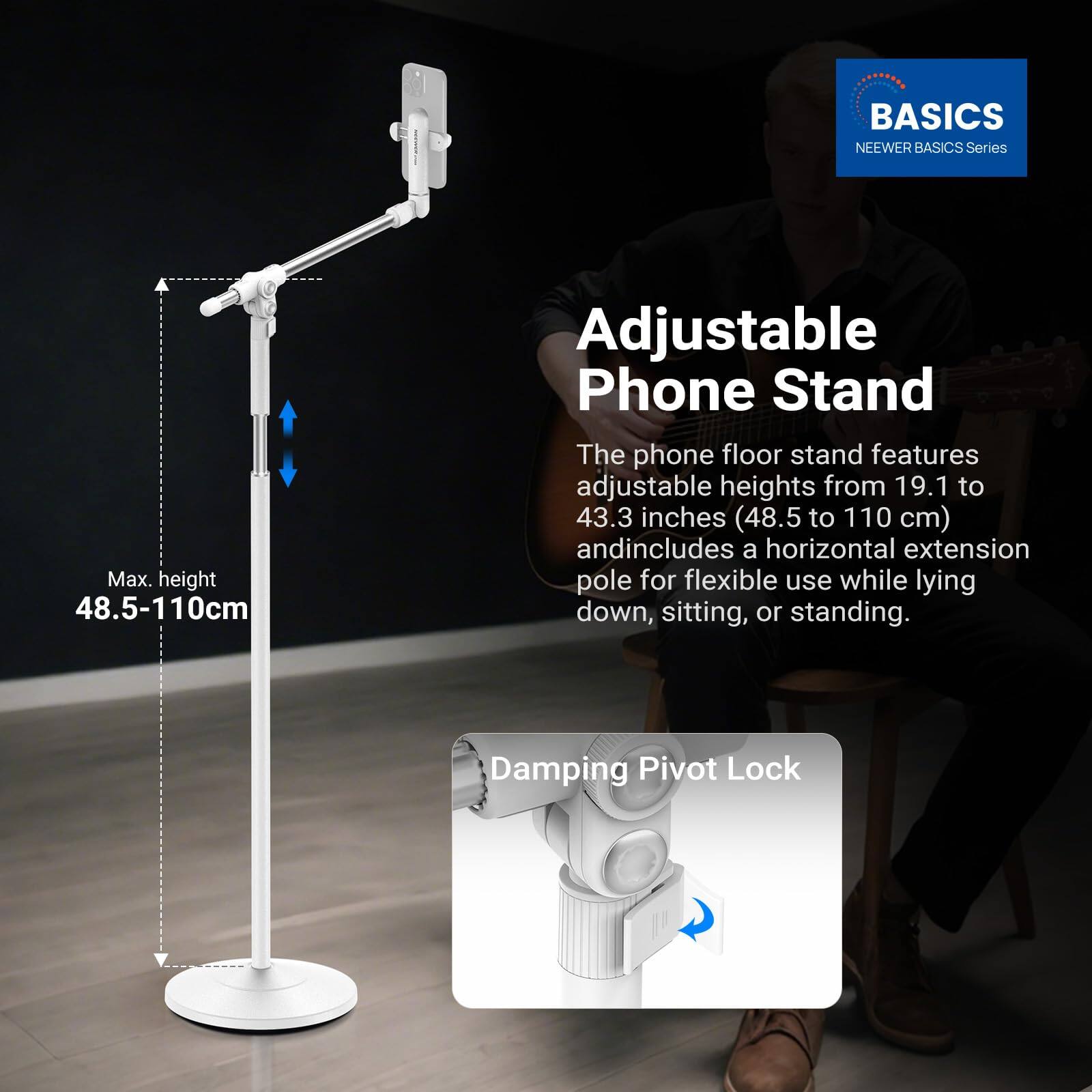 BASICS NEWEER BASICS Series

Adjustable Phone Stand

The phone floor stand features adjustable heights from 19.1 to 43.3 inches (48.5 to 110 cm) and includes a horizontal extension pole for flexible use while lying down, sitting, or standing.

Max. height 48.5-110cm

Damping Pivot Lock