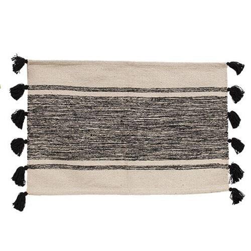 Front. BreeBe - Black Striped Tassel Rug - Black.