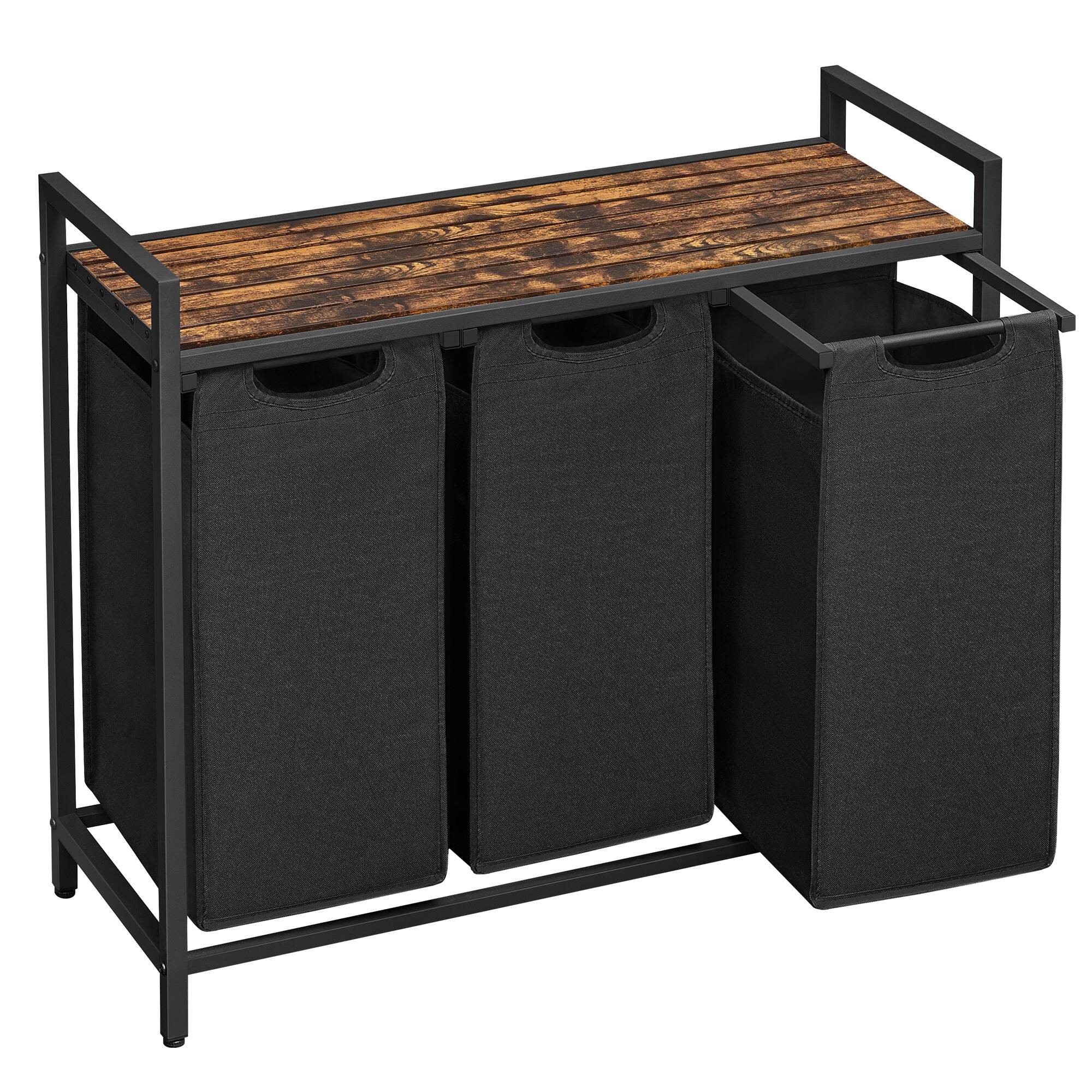 Songmics Home - Laundry Hamper, Laundry Basket, Laundry Sorter with 3 Pull-Out,Removable Bags, Shelf, Metal Frame, 3 x 10 Gallons (38L) - Rustic Brown and Black