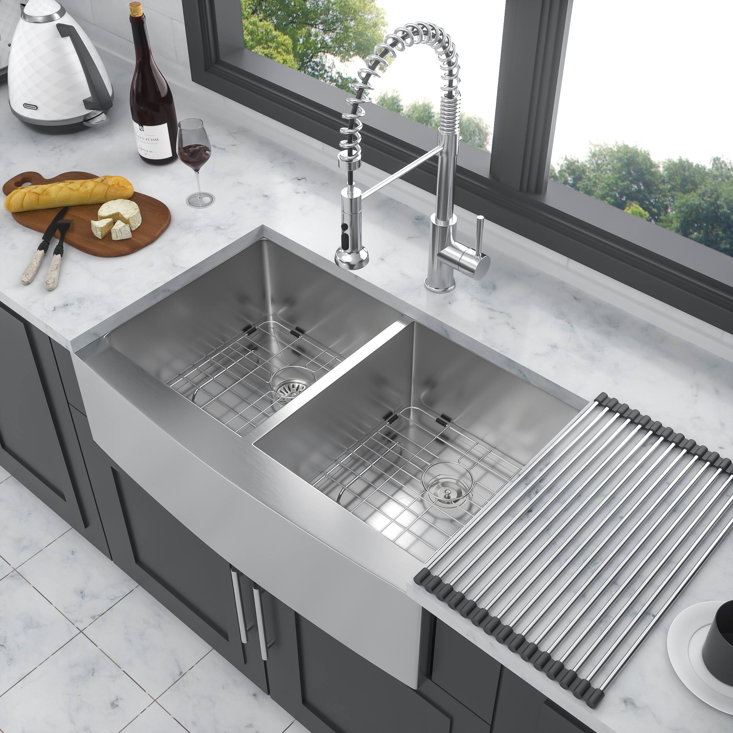 Back. Siljoy - Double Bowl (50/50) Farmhouse Sink - 33" x 21" x 10" Stainless Steel Apron Front Kitchen Sink 16 Gauge with Two Basin - Brushed Nickel.