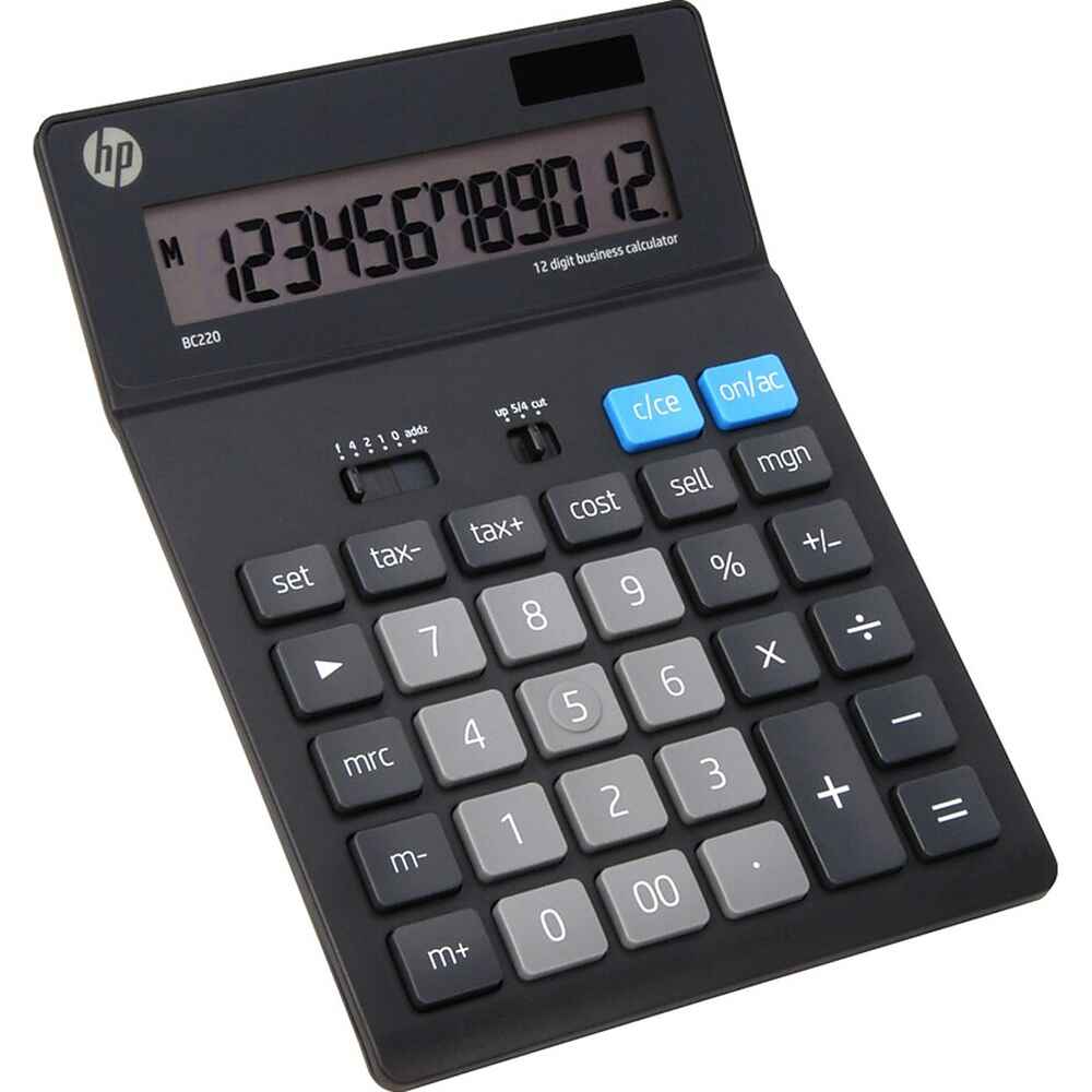 hp 12 M 1234567890 12 digit business calculator BC220 5/4 cut c/ce on/ac up addz sell mgn cost tax+ +/- tax- % set 9 8 7 X 6 5 4 mrc 3 2 + 1 m- . 00 0 m+ - =