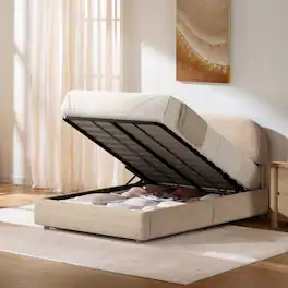 ModernMate - Upholstered Platform Bed with Adjustable Headboard, Hydraulic Lift Storage Bed - Brown-Full