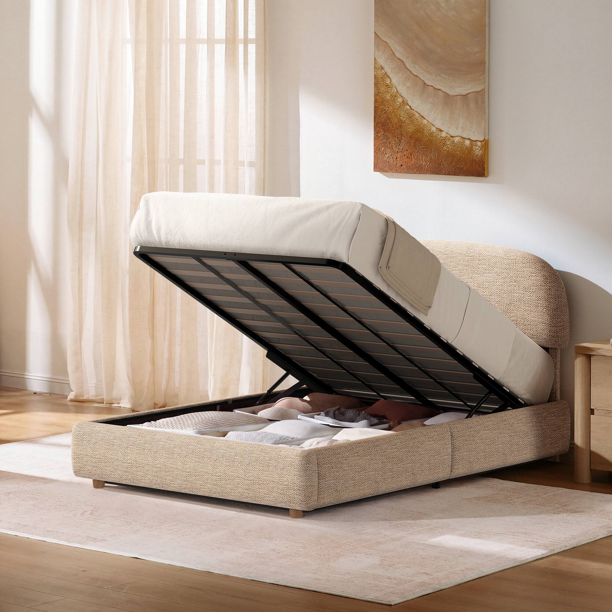 ModernMate - Upholstered Platform Bed with Adjustable Headboard, Hydraulic Lift Storage Bed - Brown-Full