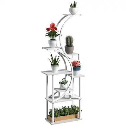 Front. Outsunny - 8 Tier Plant Stand Indoor, 62" Tall Plant Shelf, S-Shaped Plant Rack for Multiple Plants, Corner Plant Flower Holder - White.