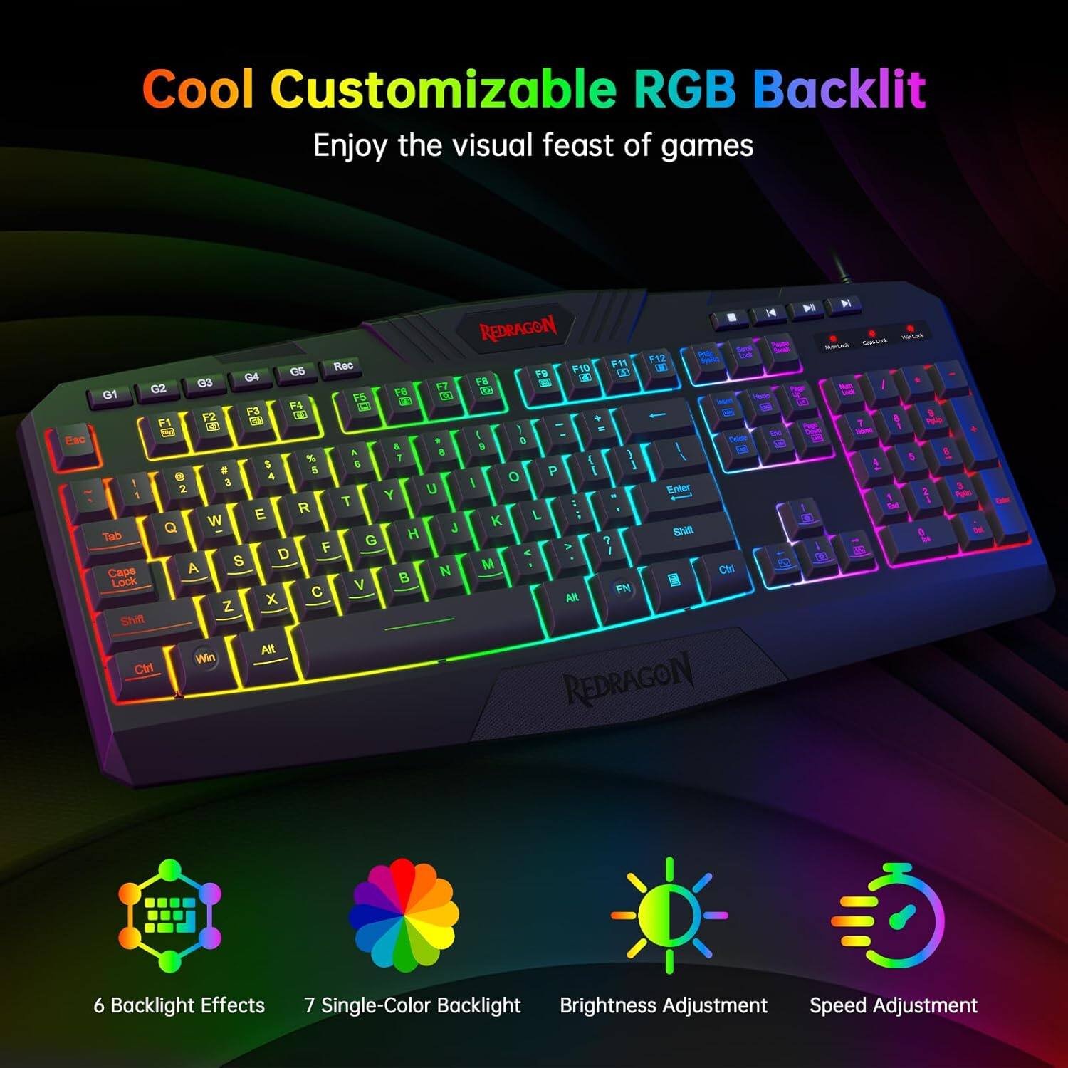 Cool Customizable RGB Backlit Keyboard: Enjoy the visual feast of games with the REDRAGION P1 2 a5 Rec PSD Z 04 PS 1 13 a3 F7 F8 - G1 G2 PB SCS F5 - 1R1 F4 i F2 F3 - 1 4 P1 - - 1 I B & a & a } % 1 5 & 1 . & P a 4 o - 3 I 2 U Enter 1 T Y E R L  Q W J K Tab H Sh G 7 F - I S D A  M Ct Caps  Lock V FN C Alh Z x Shift AR Wn M REDRAGION 14 -  D 1 T i r -  I 1 - 8 1 A 3 2 - te F 6 Backlight Effects 7 Single-Color Backlight Brightness Adjustment Speed Adjustment