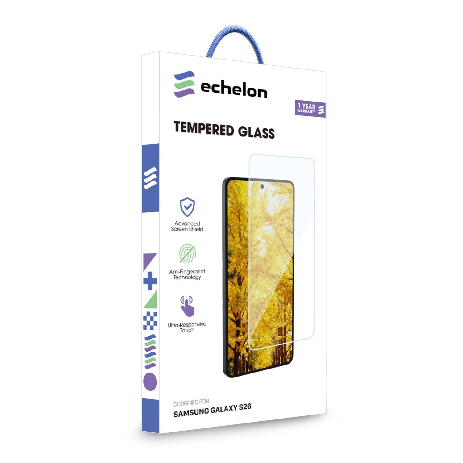 echelon TEMPERED GLASS 1 YEAR WARRANTY Advanced Screen Shield Anti-Fingerprint Technology + Ultra-Responsive Touch DESIGNED FOR SAMSUNG GALAXY S26