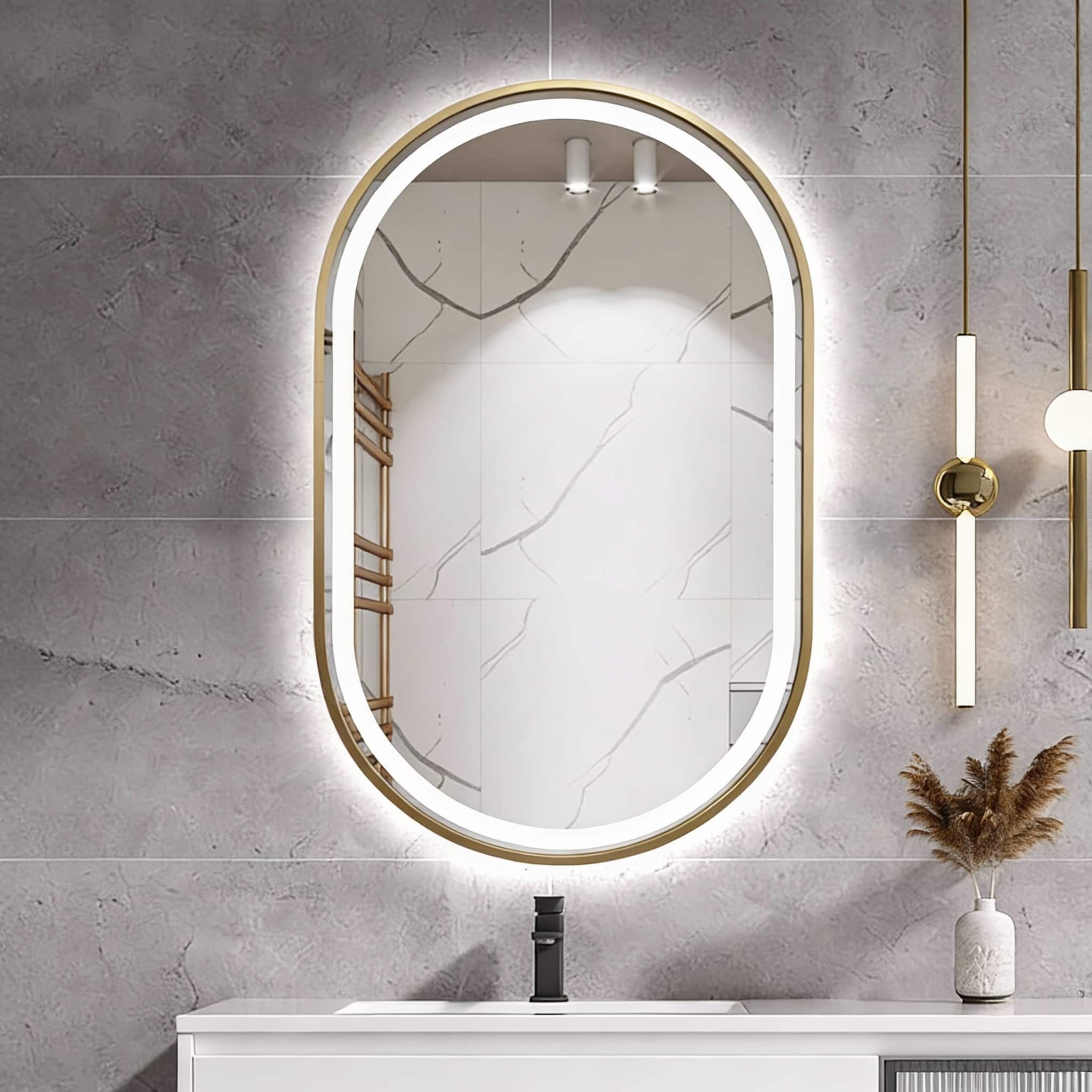 METALTON - Oval Led Bathroom Mirror Lighted Vanity With Frame Anti Fog Smart Colors Dimmable For Makeup Frontlit Water - Gold 32"L x 20"W