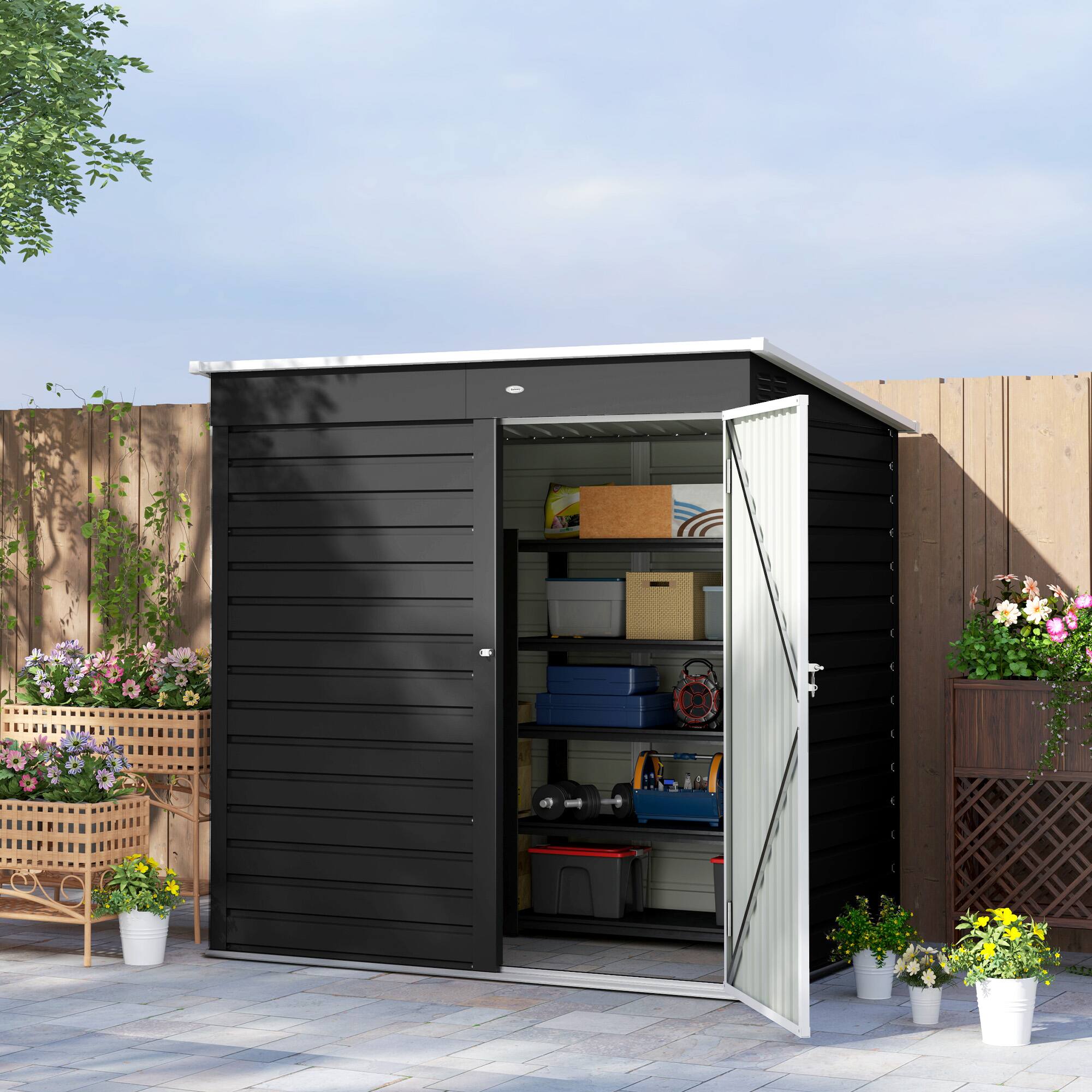 Alt View 1. Outsunny - 6' x 4' Outdoor Storage Shed, Easy to Assemble, Metal Garden Tool Shed with Lockable Door and Gloves for Backyard.