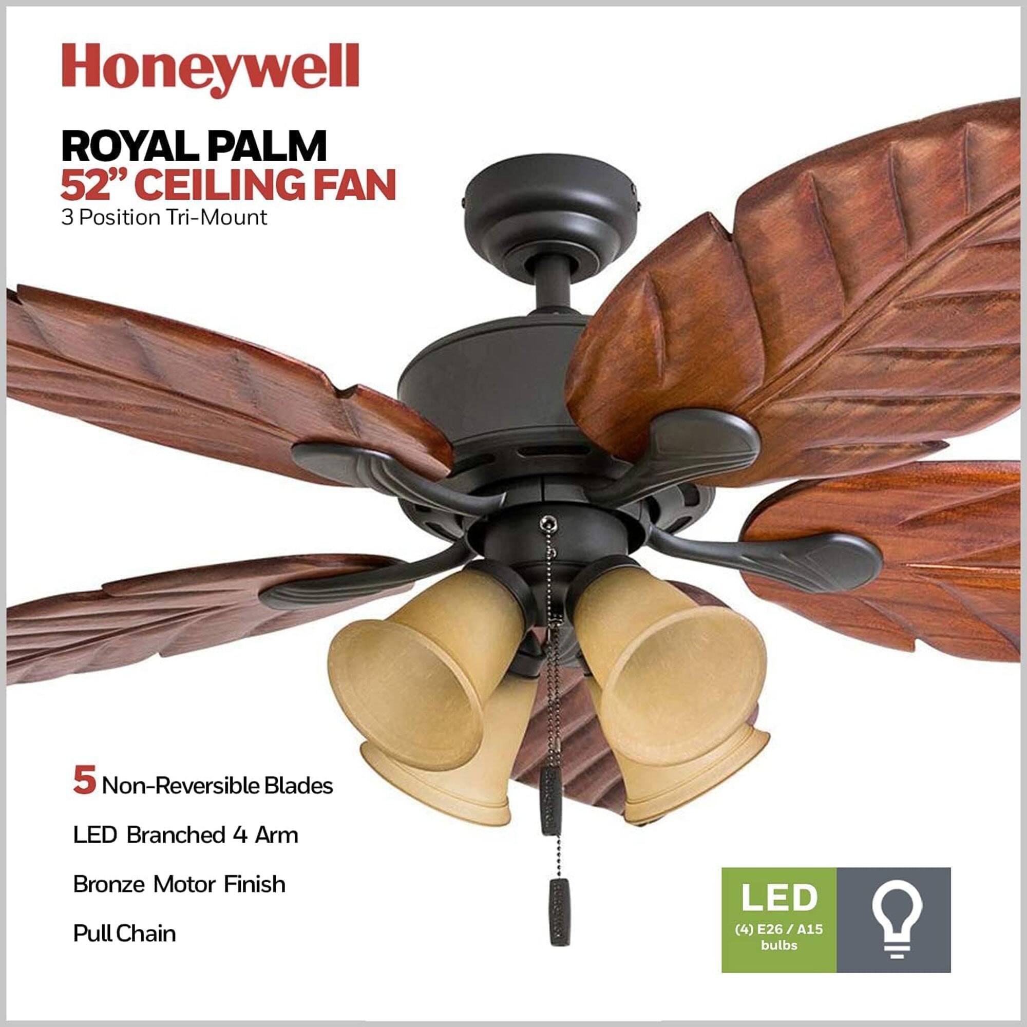 Honeywell ROYAL PALM 52" CEILING FAN 3 Position Tri-Mount 5 Non-Reversible Blades LED Branched 4 Arm Bronze Motor Finish Pull Chain LED (4) E26 / A15 bulbs