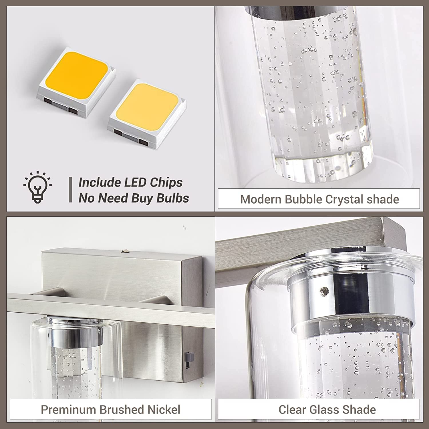 - Include LED Chips
- No Need Buy Bulbs

- Modern Bubble Crystal shade

- Premium Brushed Nickel

- Clear Glass Shade