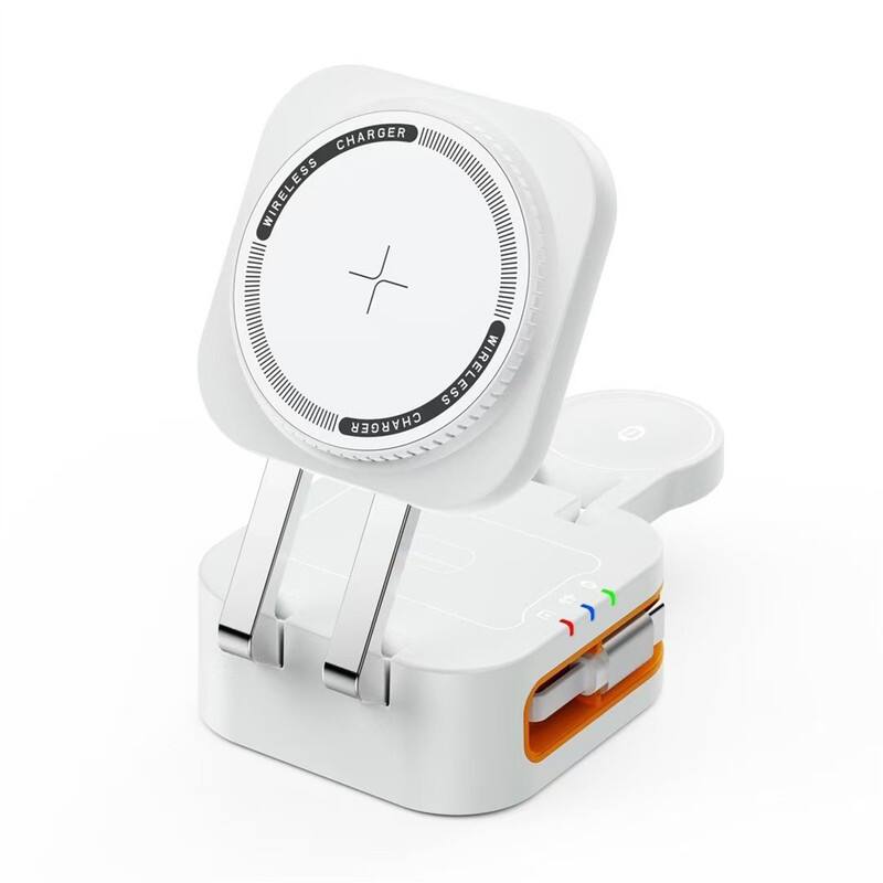 RISOKEYS - Portable 4-in-1 Wireless Charger with Retractable Cable - Magnetic Fast Charging Station for Apple Devices Only - White