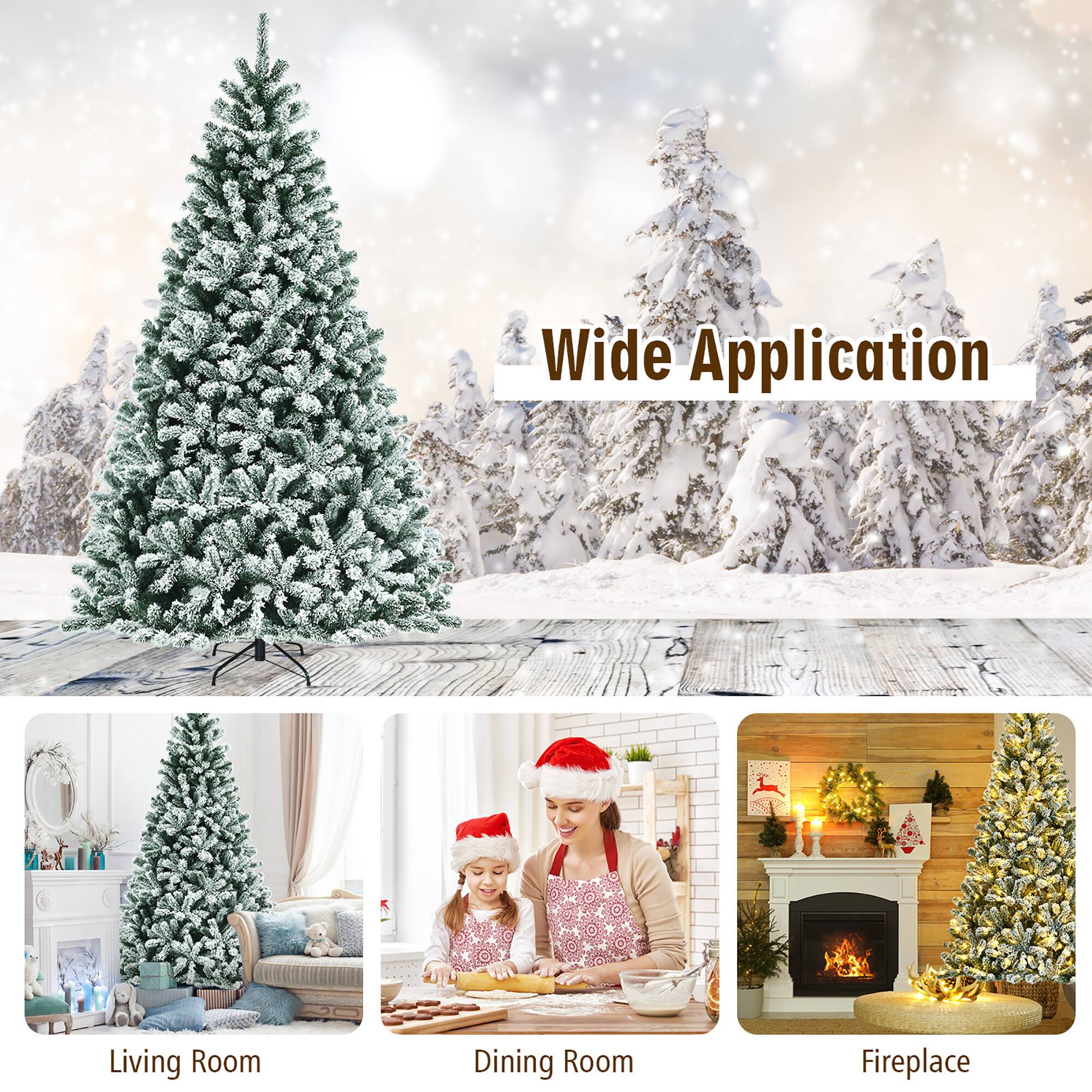 Wide Application: A Christmas tree decorated with a wide application is displayed in a living room.
Living Room: A Christmas tree is placed in a living room, and a woman and a child are decorating it.
Dining Room: A Christmas tree is placed in a dining room, and a woman and a child are decorating it.
Fireplace: A Christmas tree is placed in front of a fireplace, and a woman and a child are decorating it.