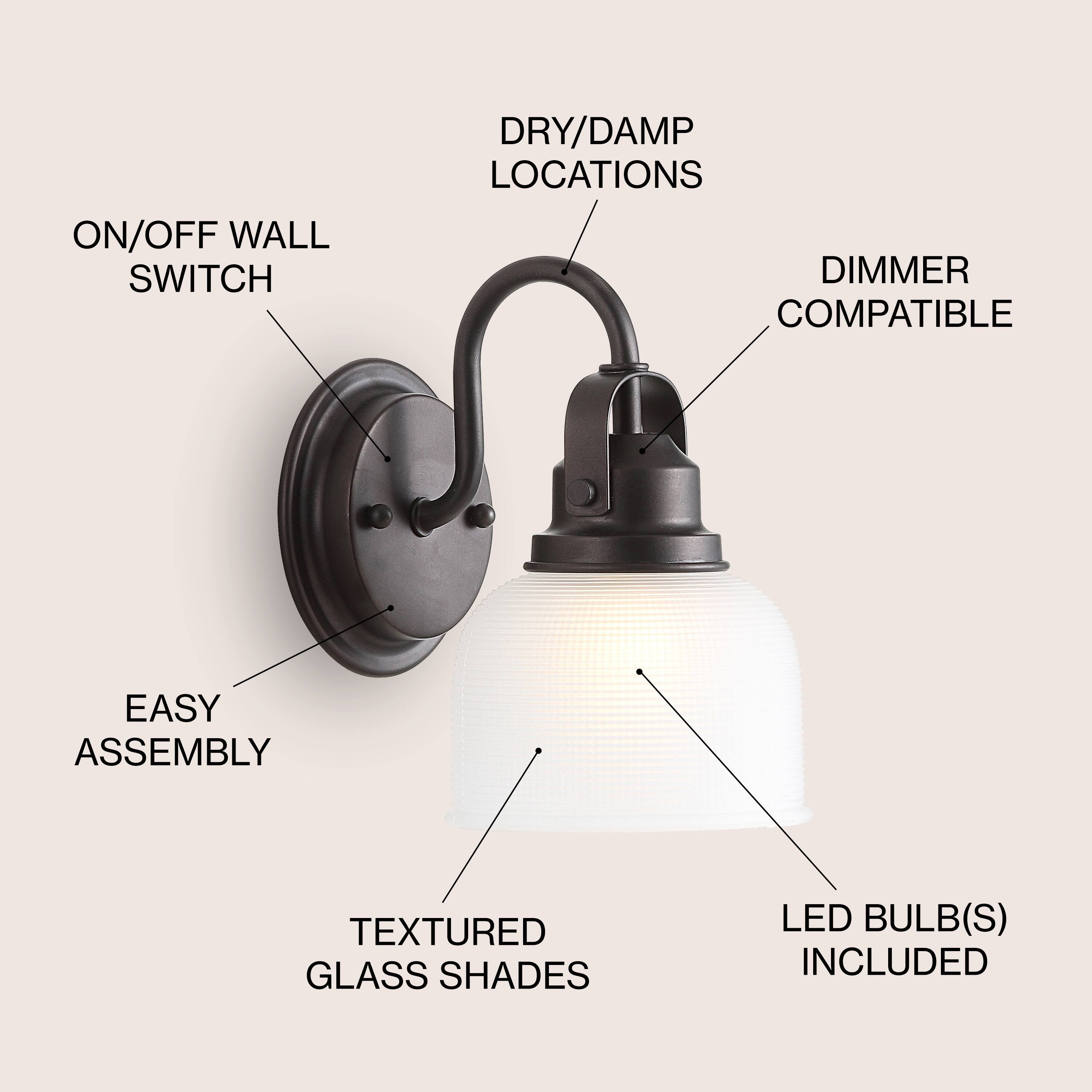 ON/OFF WALL SWITCH  
DRY/DAMP LOCATIONS  
DIMMER COMPATIBLE  
EASY ASSEMBLY  
TEXTURED GLASS SHADES  
LED BULB(S) INCLUDED