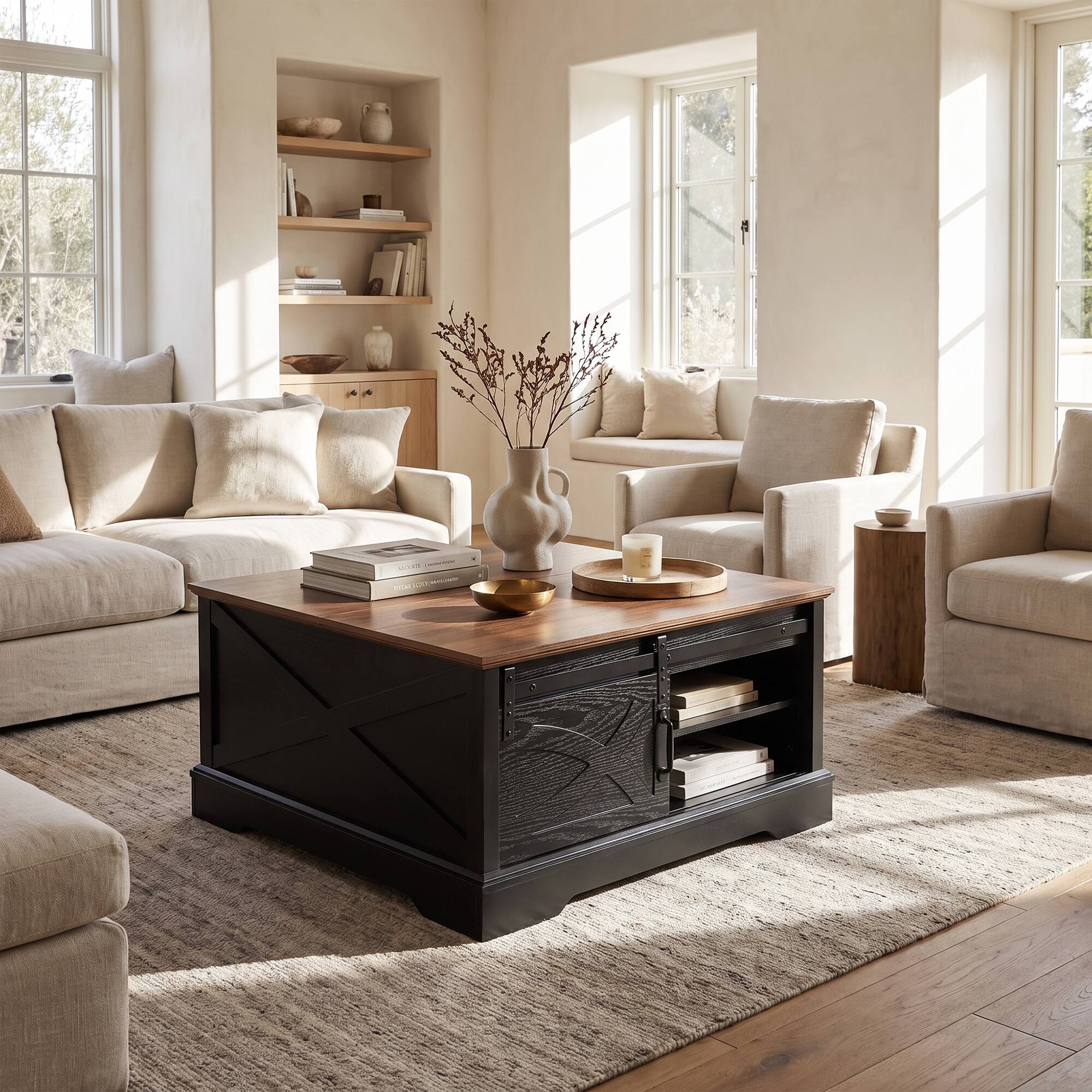 Left. Ihomeadore - 31.5 Inch Modern Farmhouse Flip Top Coffee Table with Hidden Storage Box and Sliding Barn Door - Brown.