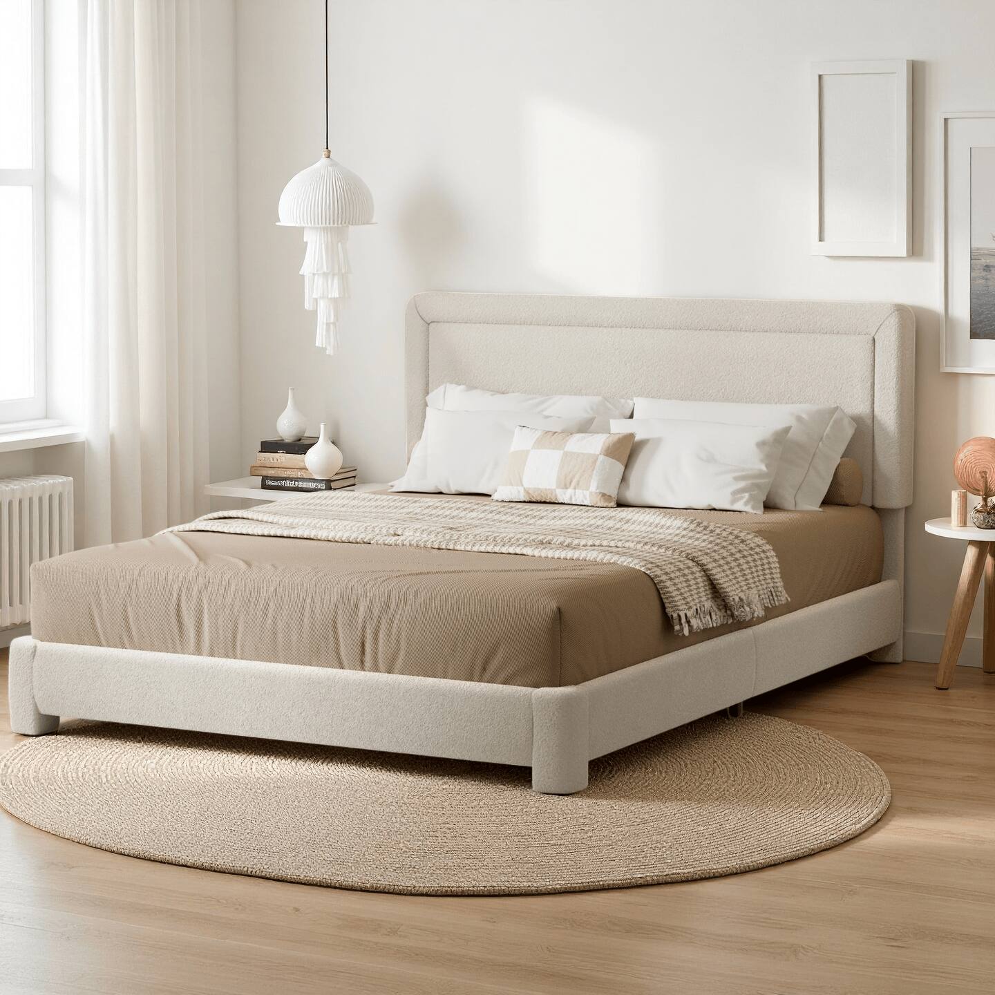 Left. Dyonery - Dyonery Queen-size bed frame, modern Cream bed frame with adjustable headboard, rounded soft corners,easy assembly. - Beige.
