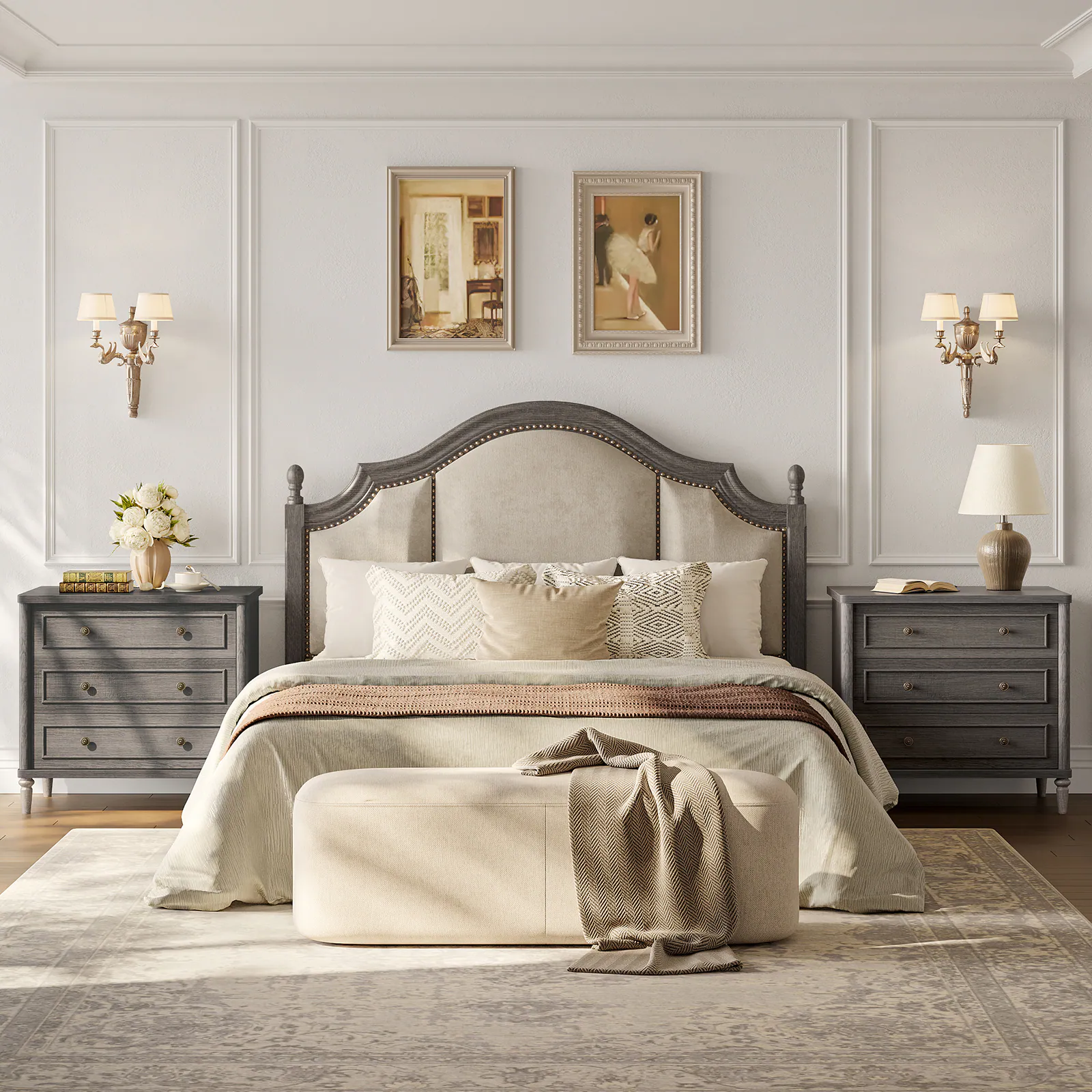 Angle. Bestier - 3 Drawer Farmhouse Nightstand, Mid-Century Fluted Bedside Table with Charging Station - Charcoal Stained Ash.