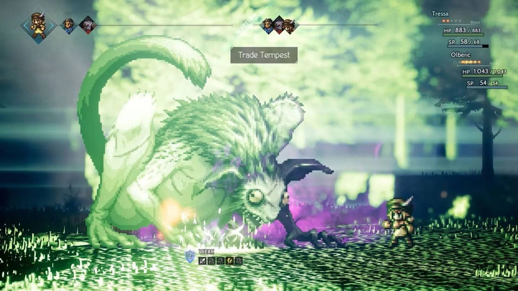 Tressa  
Boost  
HP 883 / 883  
SP 58 / 68  

Trade Tempest  
Olberic  
HP 1,043 / 1,043  
SP 54 / 54  

WEAK 2 ? ? ?