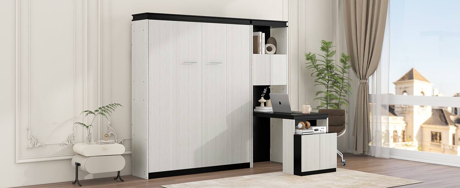 Alt View 5. Tiramisubest - Full Size Murphy Bed with Desk, Storage, Black+White, Solid Wood+MDF, 82x81x83 inches, 355 lbs - Black White.