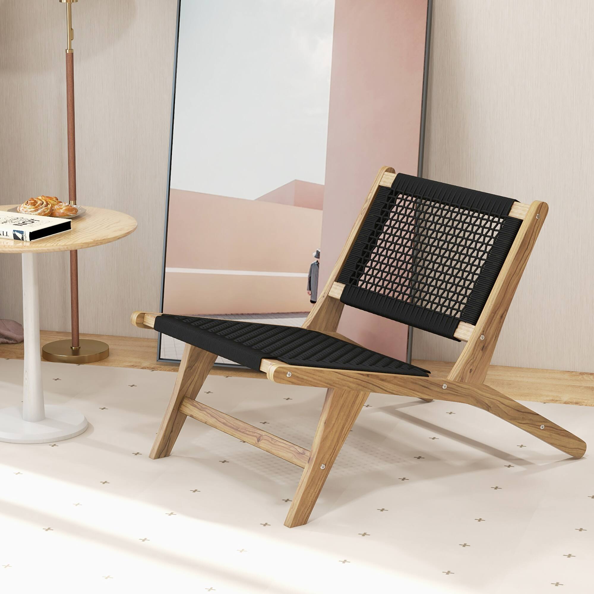Alt View 1. Gymax - Gymax 2PCS Mid Century Modern Teak Wooden w/Handwoven Cordage Seat Backrest for Patio - Natural, Black.