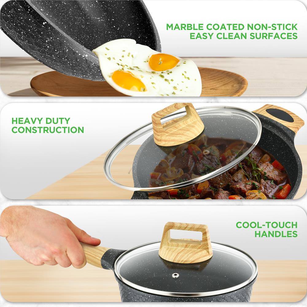 MARBLE COATED NON-STICK EASY CLEAN SURFACES

HEAVY DUTY CONSTRUCTION

COOL-TOUCH HANDLES