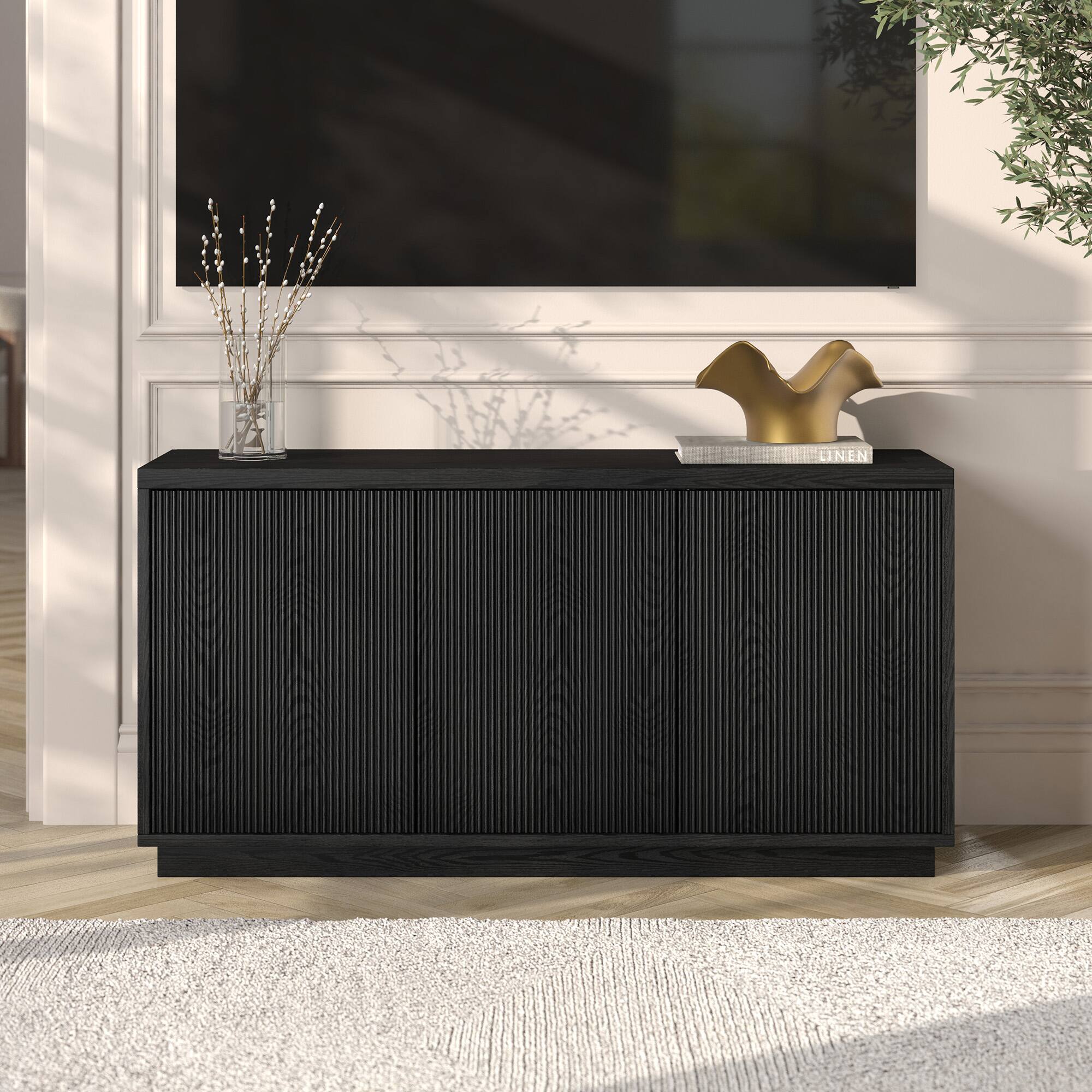 Alt View 2. Hudson&Canal - Hanson Rectangular Fluted TV Stand for TV's up to 55" in Black Grain - Black Grain.