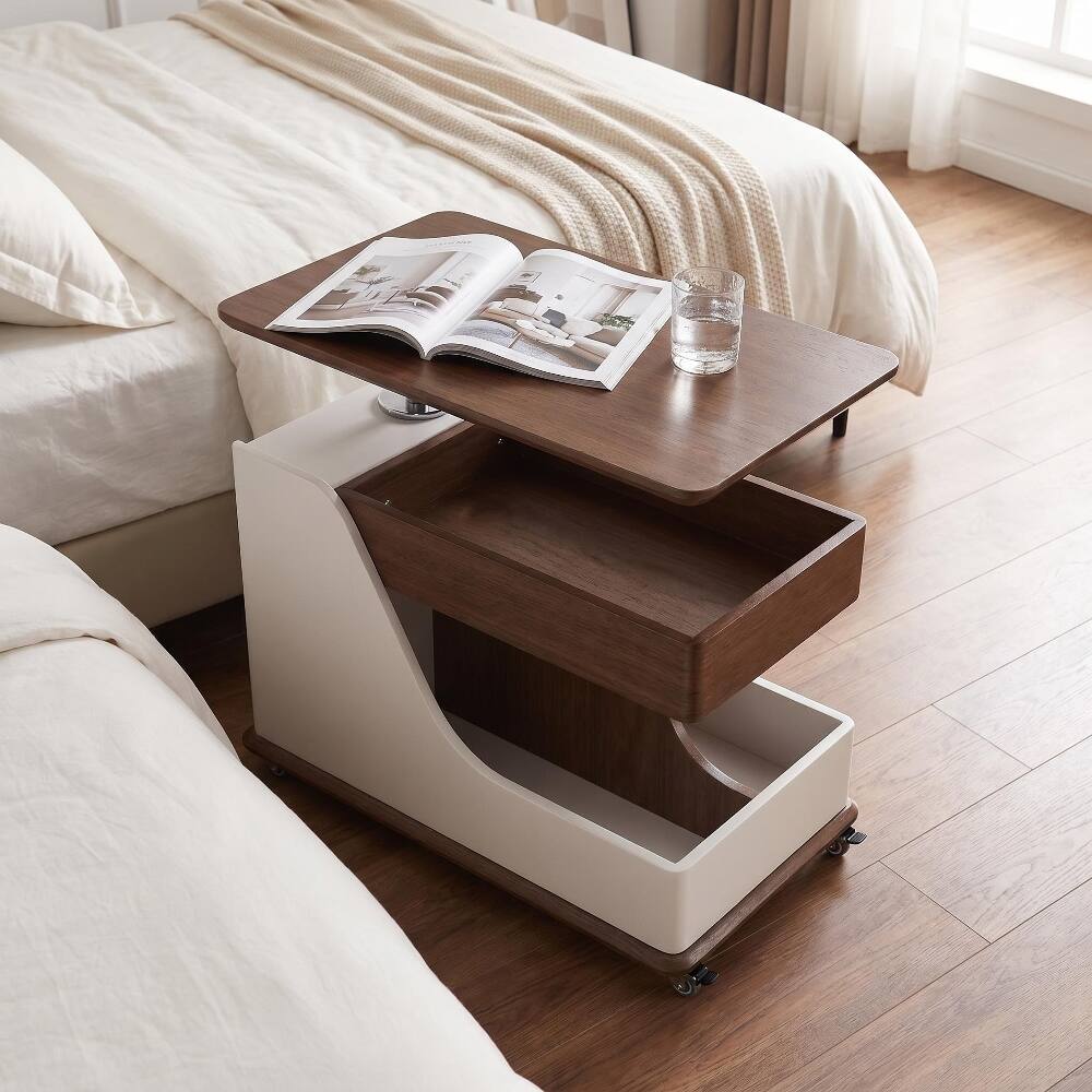 Alt View 8. Loheer - Loheer Adjustable Height Side Table Movable Coffee Table with Storage Cupboards Portable Rolling Table Off-White Walnut - Off-White and Walnut.