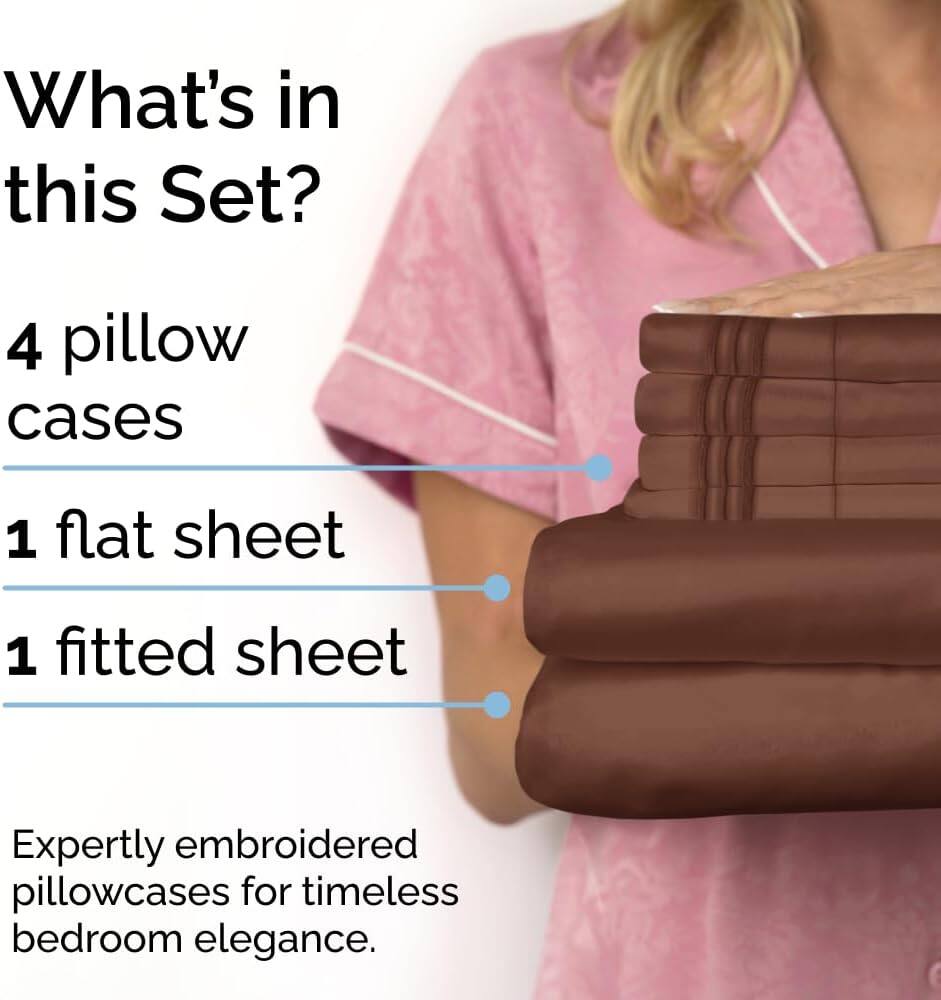 What's in this Set?

- 4 pillow cases
- 1 flat sheet
- 1 fitted sheet

Expertly embroidered pillowcases for timeless bedroom elegance.