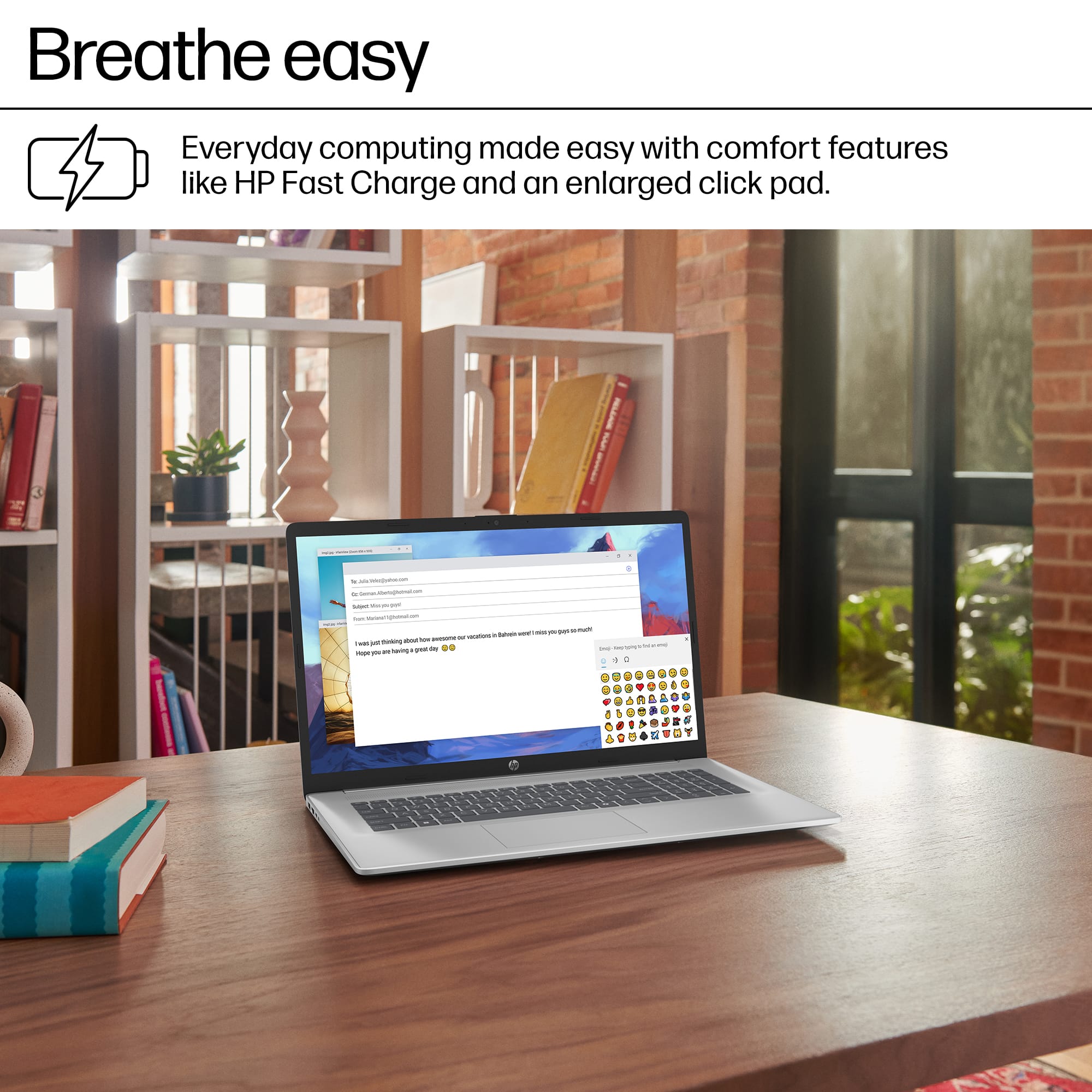 Breathe easy: Everyday computing made easy with comfort features like HP Fast Charge and an enlarged click pad.