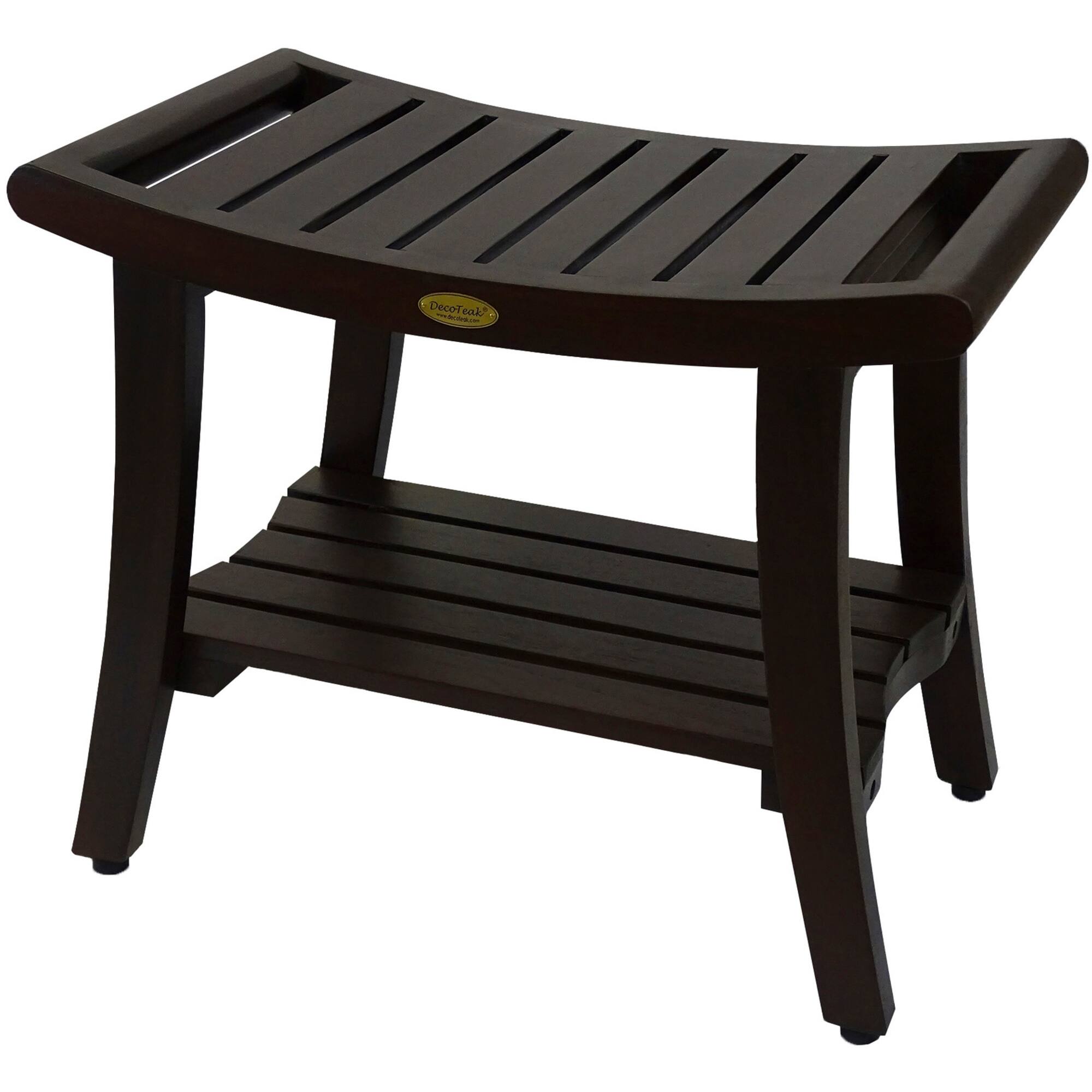 Front. DecoTeak - DecoTeak® Harmony® 24" Teak Wood Shower Bench with Shelf and LiftAide® Arms in Woodland Brown Finish - Woodland Brown.