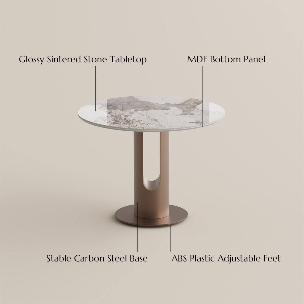 Glossy Sintered Stone Tabletop  
MDF Bottom Panel  
Stable Carbon Steel Base  
ABS Plastic Adjustable Feet