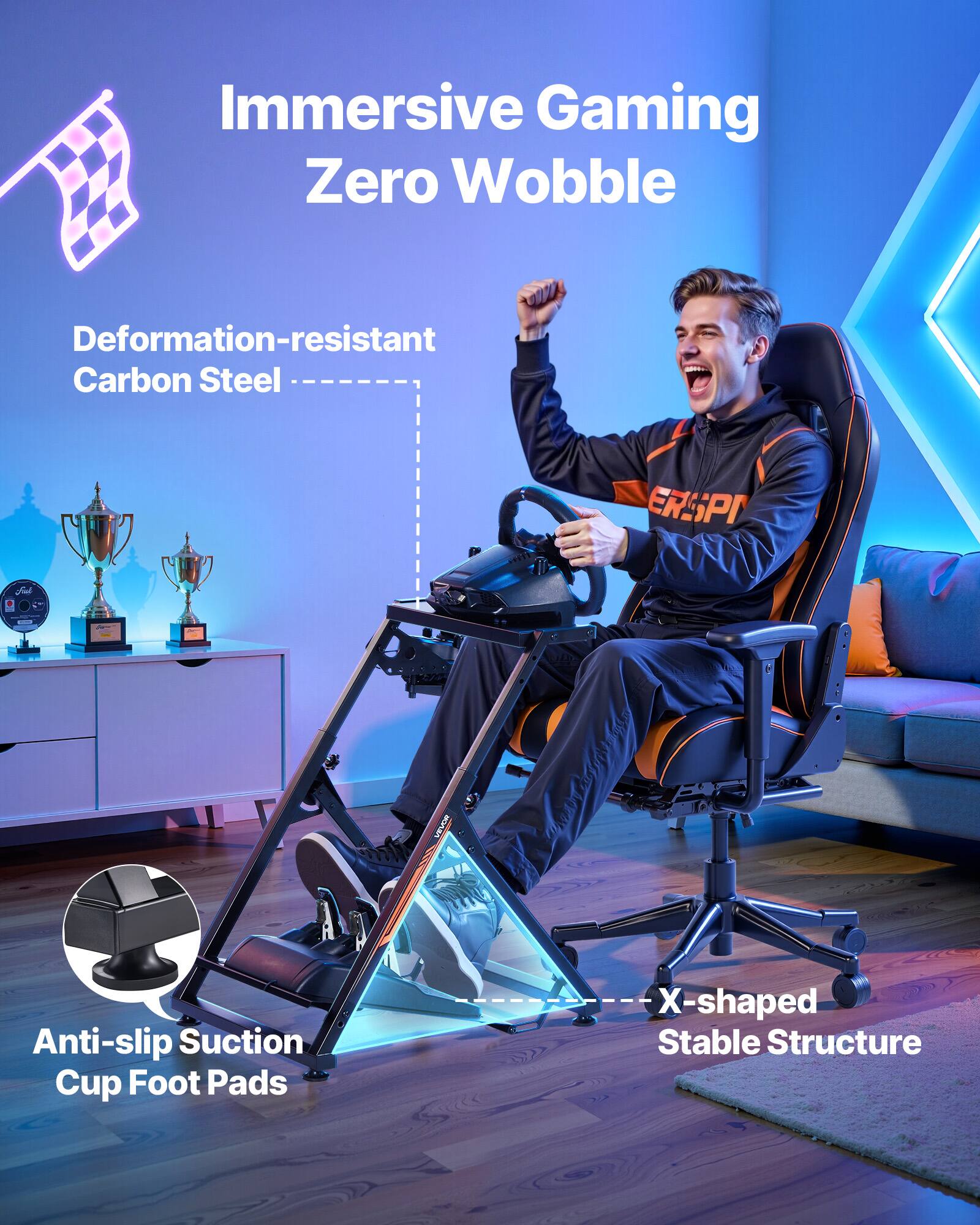 Immersive Gaming Zero Wobble

Deformation-resistant Carbon Steel

Anti-slip Suction Cup Foot Pads

X-shaped Stable Structure