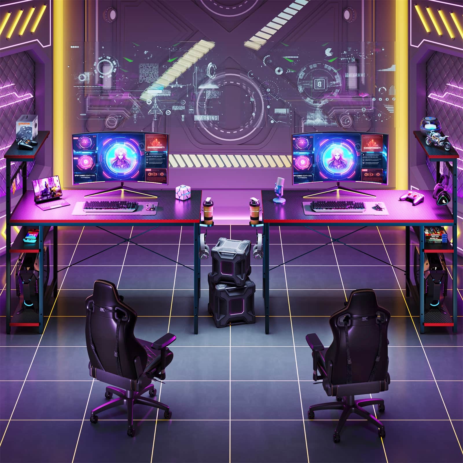 The image shows a computer room with two purple chairs, each in front of a computer desk. There are three computer monitors on the desk, and two keyboards are placed on the desk as well. A laptop is also present in the room. Additionally, there are two bottles and a cup on the desk, and a cell phone is placed nearby. The scene appears to be a workspace or a gaming area with a futuristic theme.