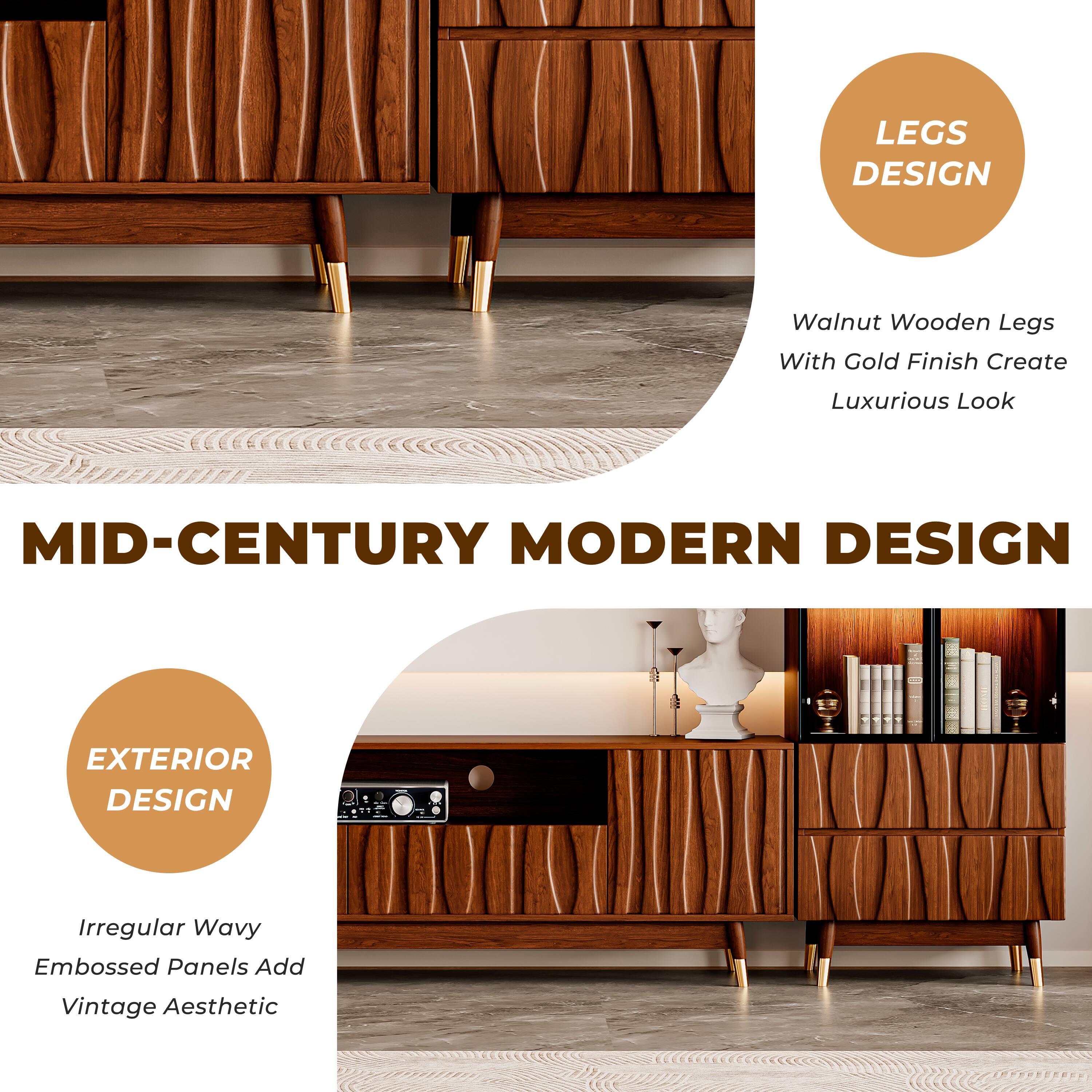 **MID-CENTURY MODERN DESIGN**

**LEGS DESIGN**  
Walnut Wooden Legs With Gold Finish Create Luxurious Look

**EXTERIOR DESIGN**  
Irregular Wavy Embossed Panels Add Vintage Aesthetic