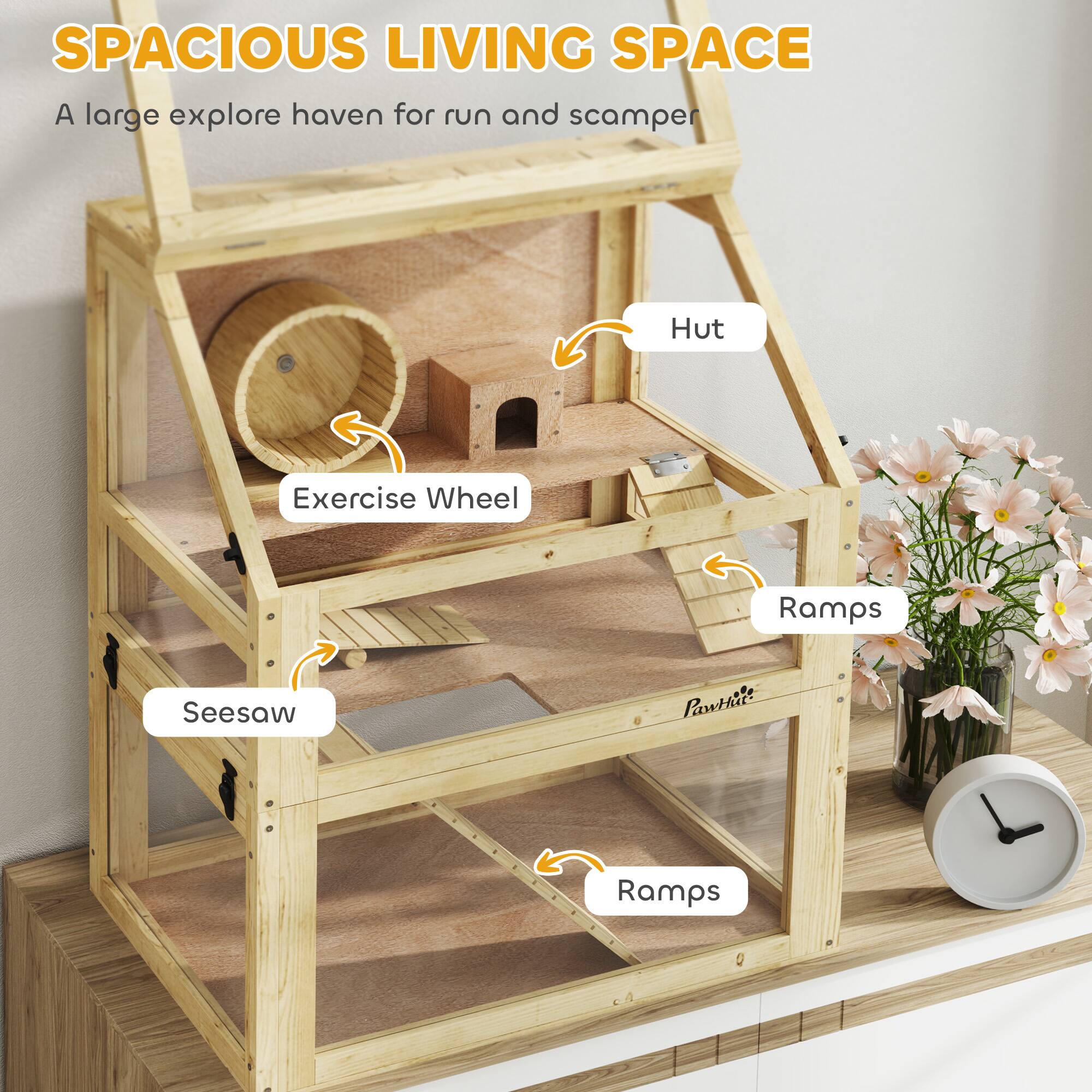 SPACIOUS LIVING SPACE  
A large explore haven for run and scamper  

- Exercise Wheel  
- Hut  
- Seesaw  
- Ramps  
- Ramps