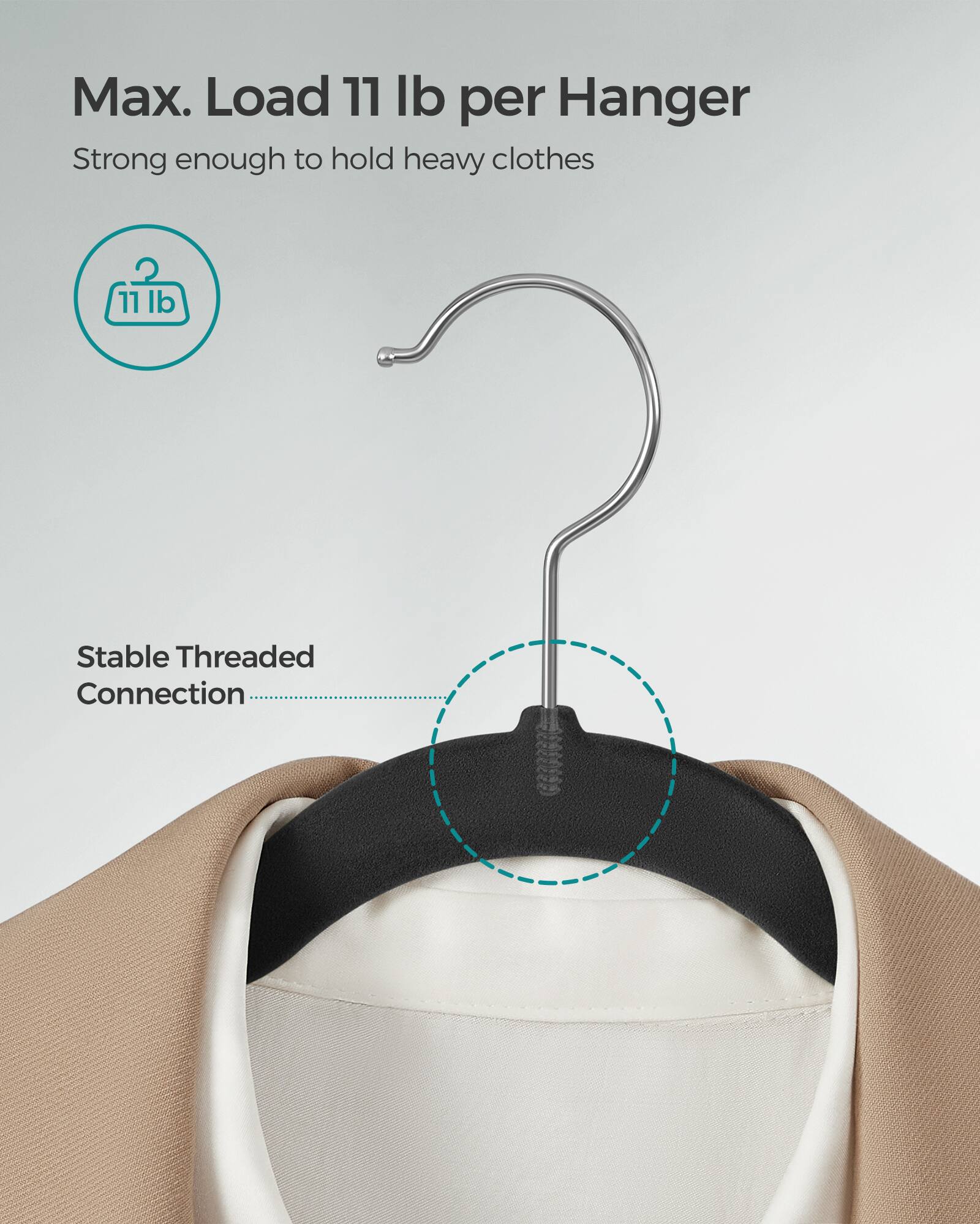 Max. Load 11 lb per Hanger  
Strong enough to hold heavy clothes  

11 lb  

Stable Threaded Connection