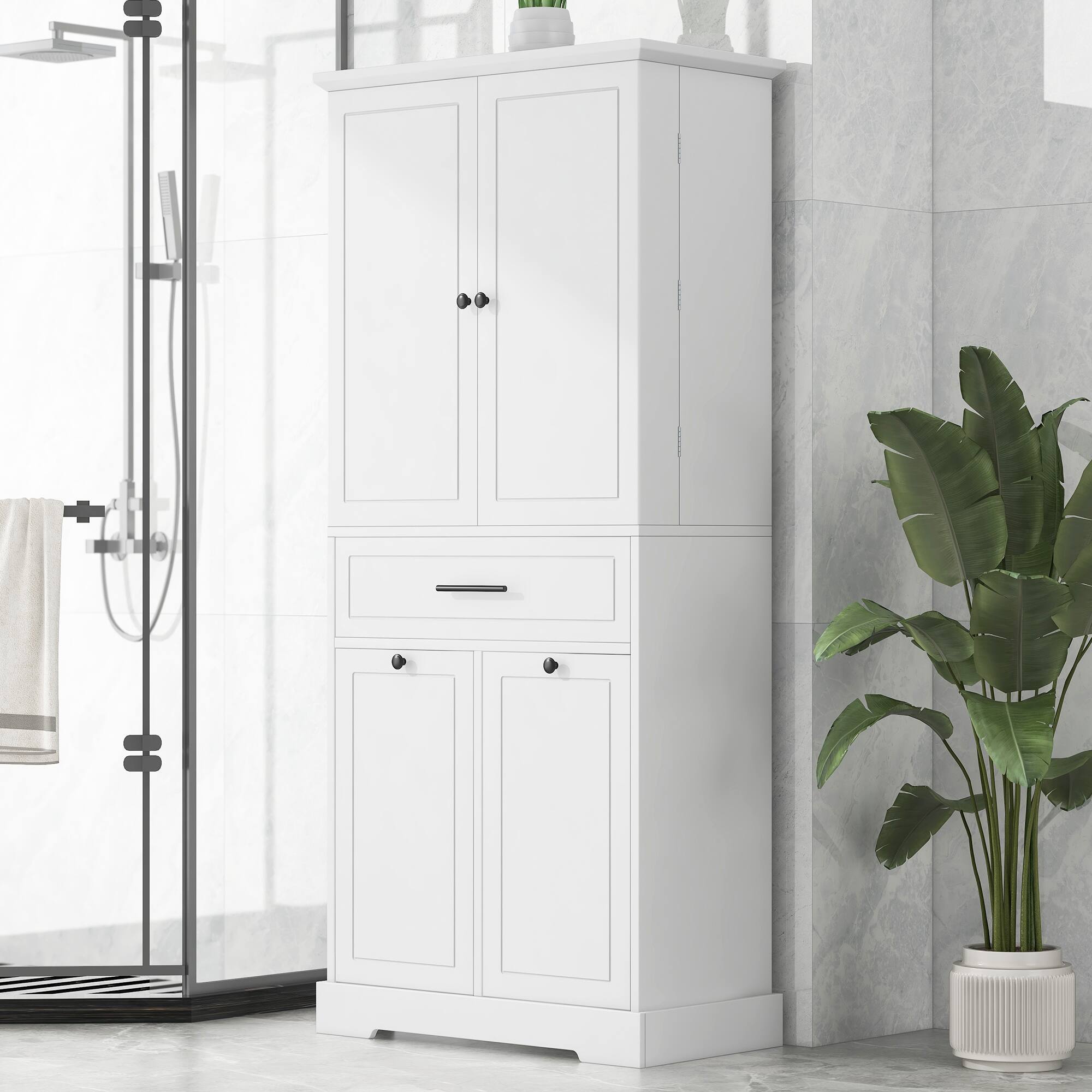 Angle. TinyHomie - Freestanding Bathroom Storage Cabinet with Doors and Drawers Tilt-Out Laundry Hamper Adjustable Shelf Multiple Storage - White.