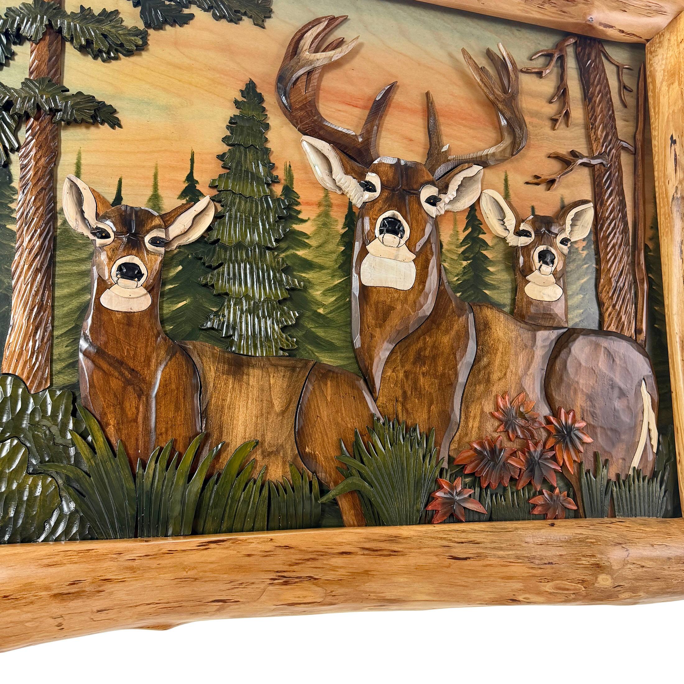 Alt View 8. Zeckos - Deer in Woods Intarsia Wood Wall Sculpture 36x28 Rustic Cabin Lodge Decor - Brown.