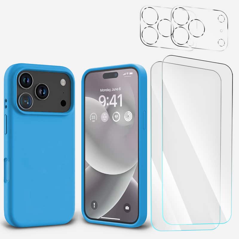 Entronix - 5-in-1 Bundle for iPhone 17 Pro Max - Liquid Silicone Case with Screen & Lens Protectors - Aqua Blue