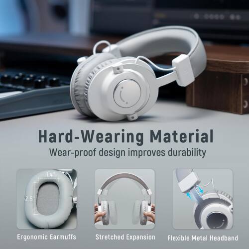 Hard-Wearing Material  
Wear-proof design improves durability  

1.4" 2.5"  
Ergonomic Earmuffs  
Stretched Expansion  
Flexible Metal Headband
