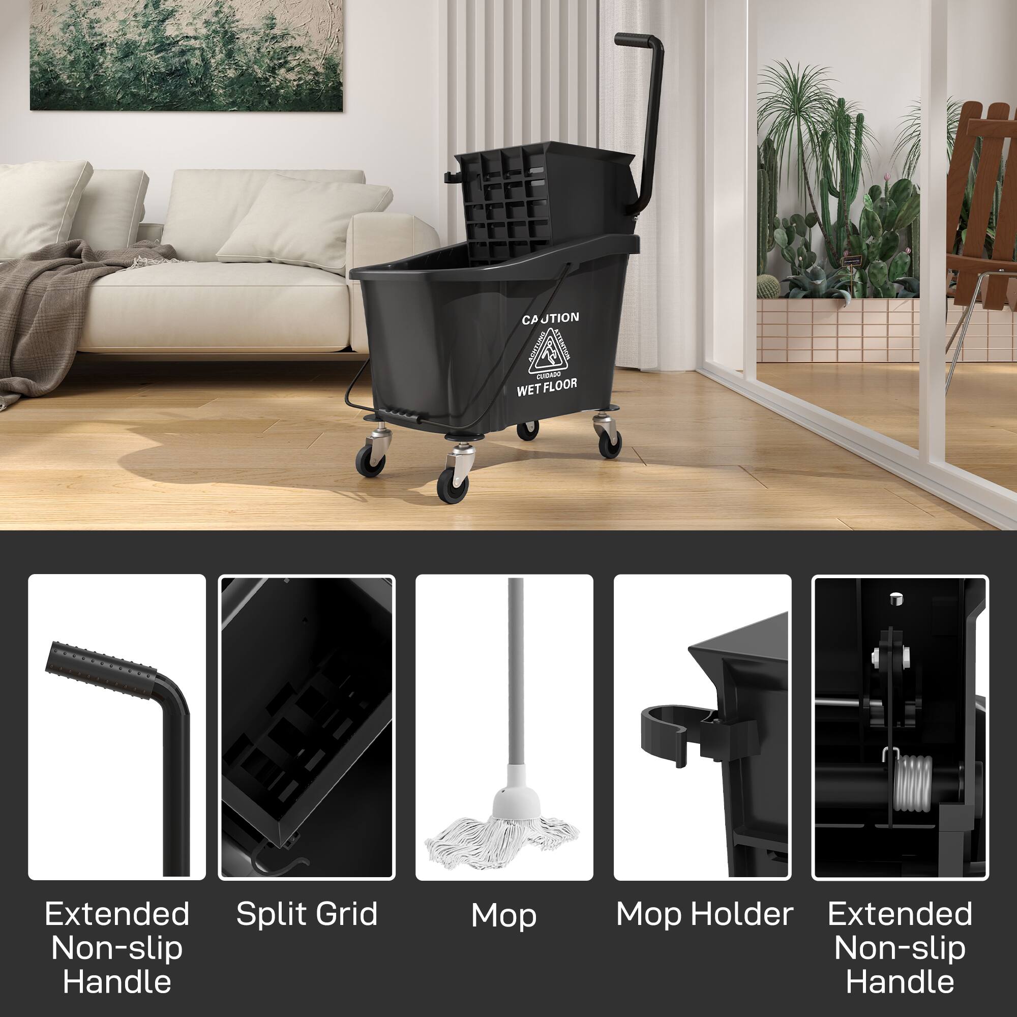 CAUTION WET FLOOR Extended Non-slip Handle Split Grid Mop Holder Extended Non-slip Handle